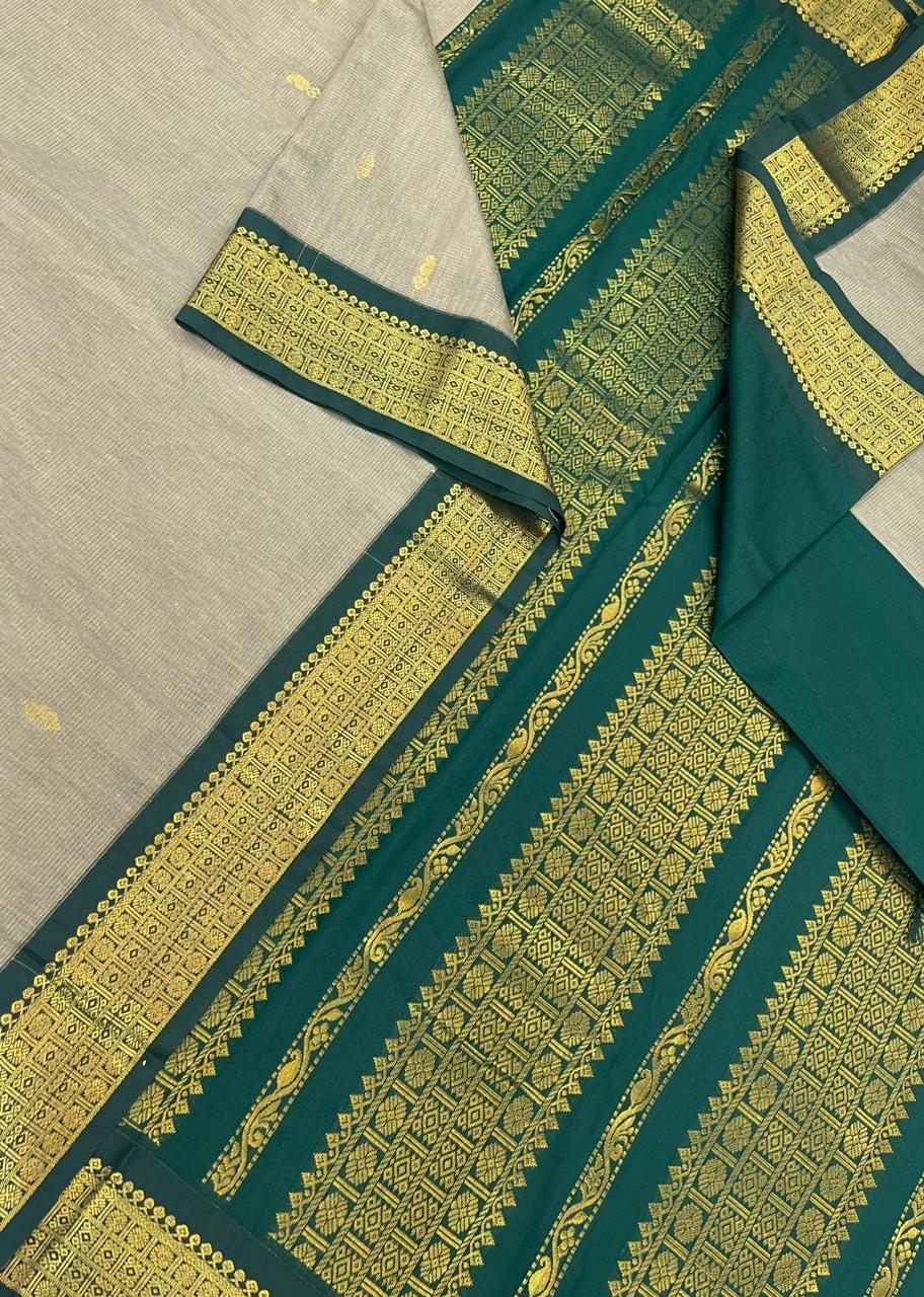 Semi Silk soft Cotton Sarees | vairaoosi X butta x zari border |pastel grey x green | NKV11