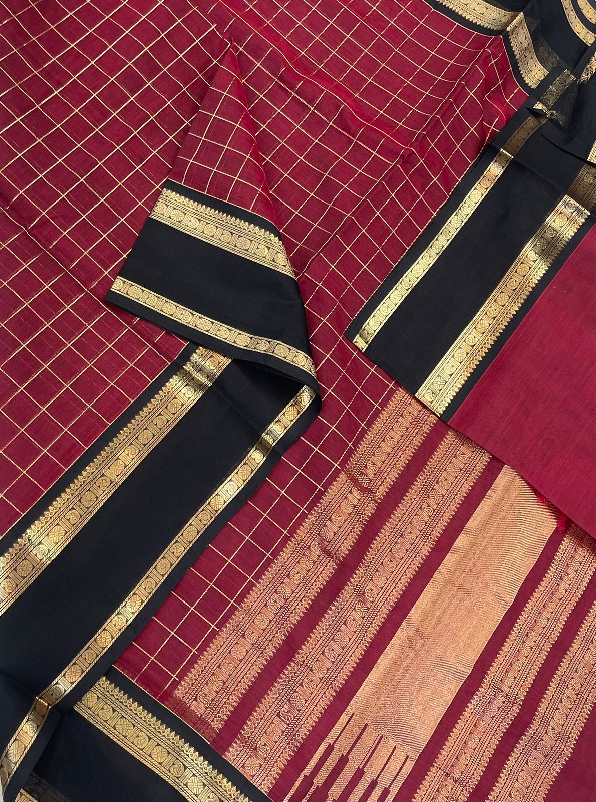 Kanchi Silk Cotton Sarees | zari kattam x rettaipet border | marron X gold x black