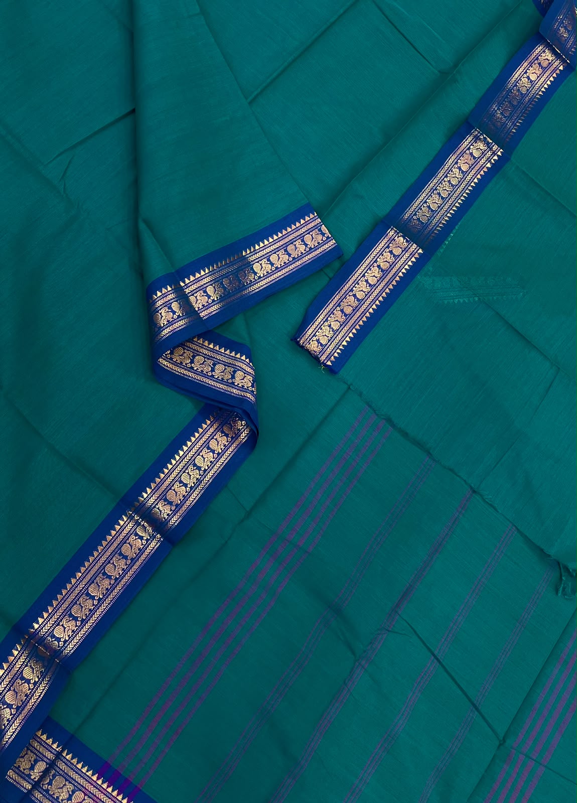 Kanchi soft cotton | Zari tiny border | cyan blue X royal blue