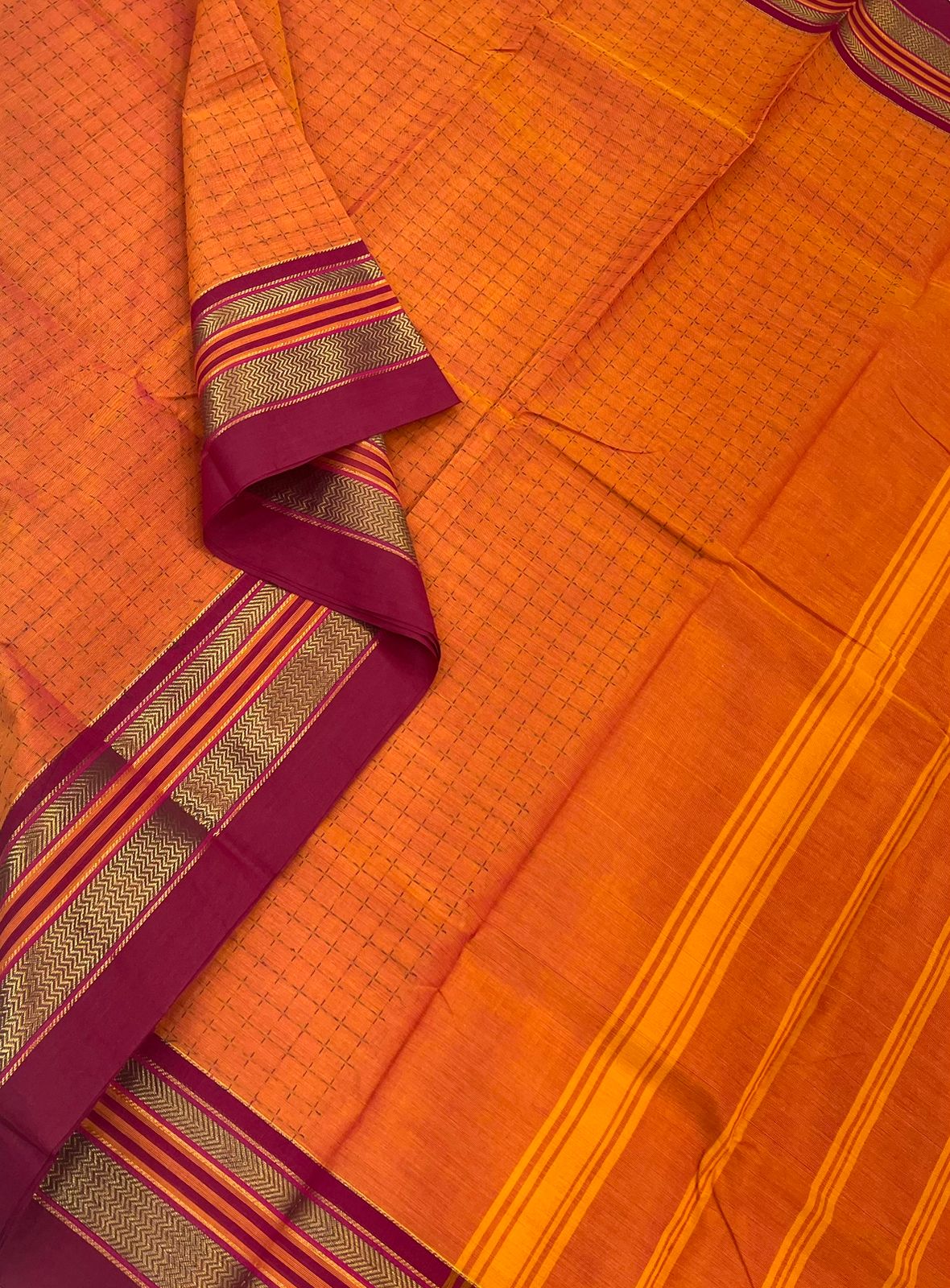 Kanchi soft cotton |zari border X plus BUTTA| orange x burgandy