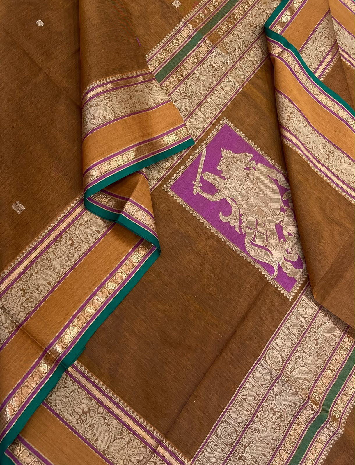 Kanchi Silk Cotton Sarees | rettaipet thread woven border x veerashivaji pallu | mustard X teal x majenta
