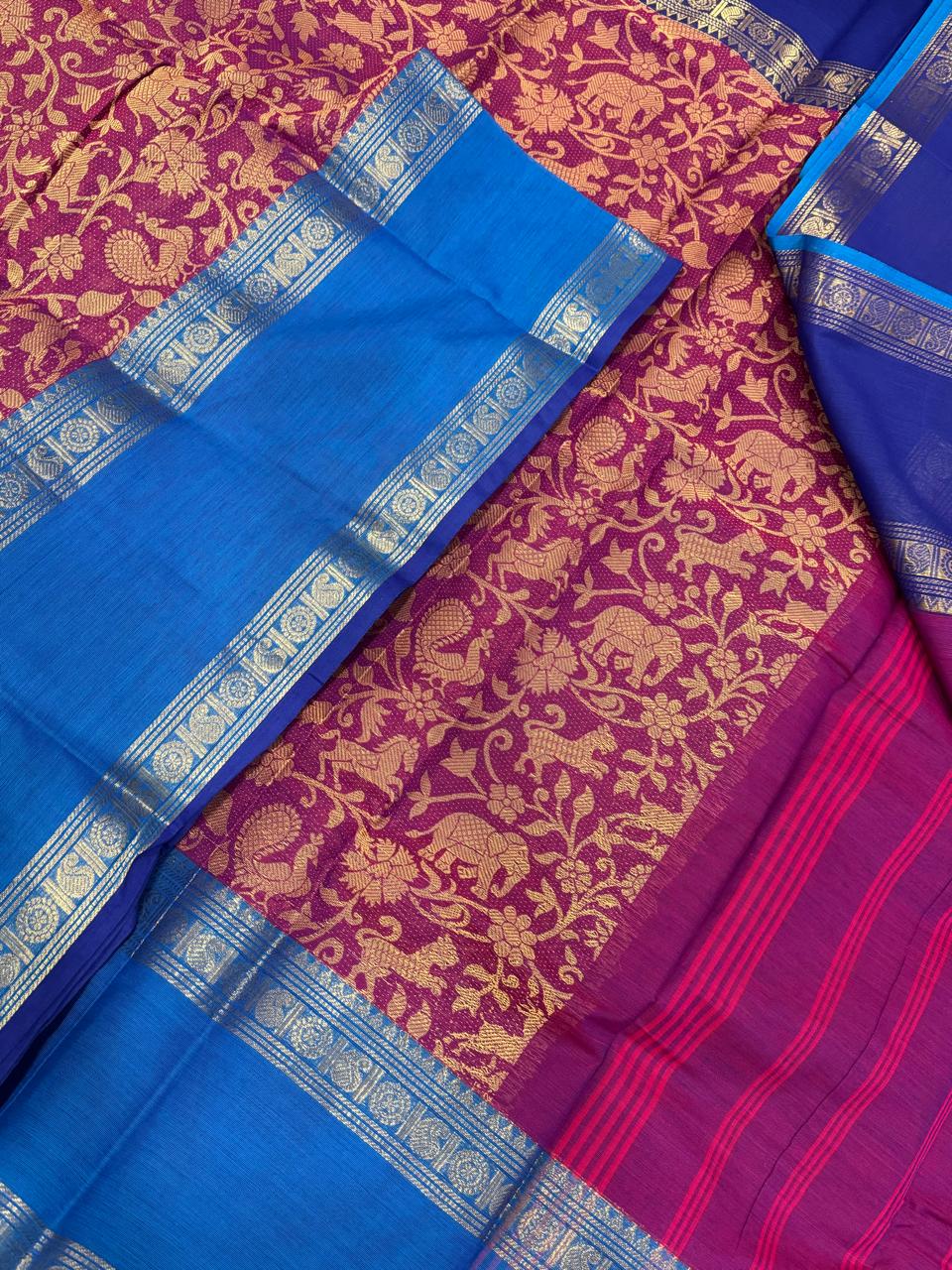Kanchi soft cotton | dark pink x ganga jamuna | zari rettaipet border X vanasingaram