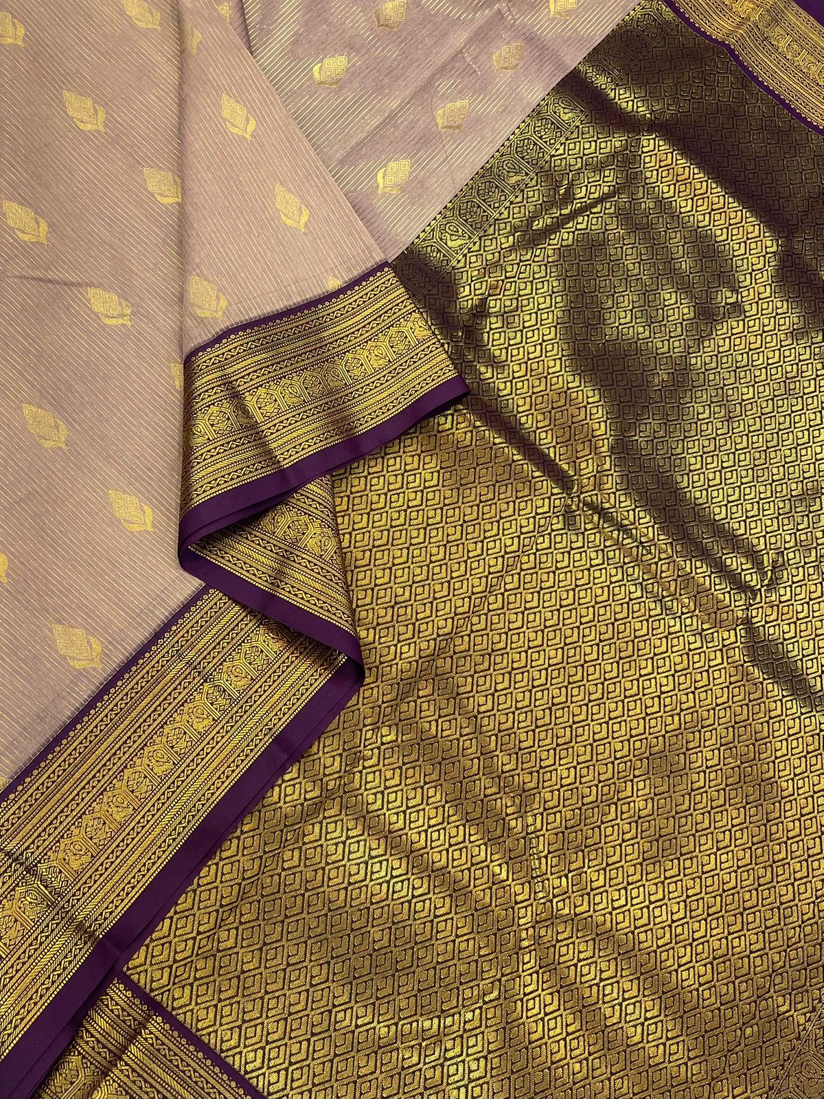 Semi Silk soft Cotton Sarees | vertial lines X butta x zari border |beige grey X gold | NKV11
