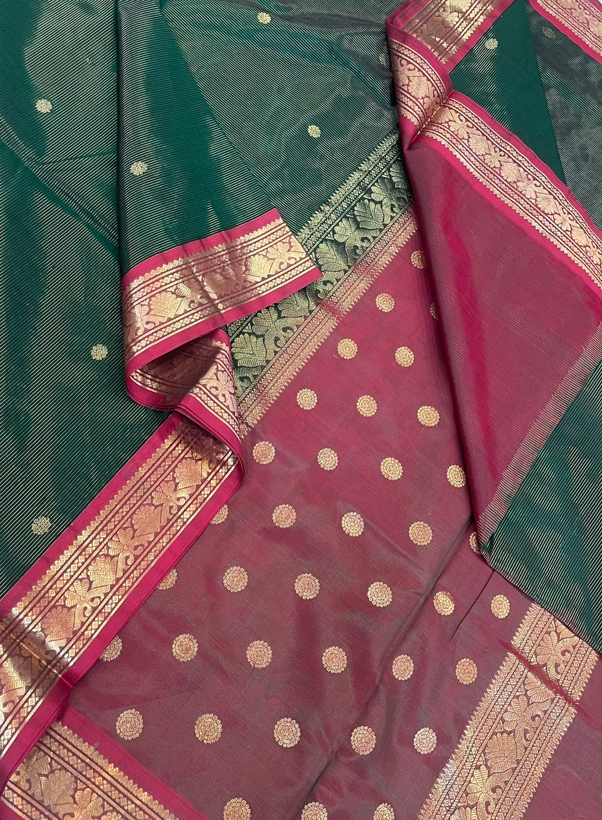 Kanchi Silk Cotton Sarees | silk cotton | VAIRAOOSI X tiny border | bottle green x red | NKV37