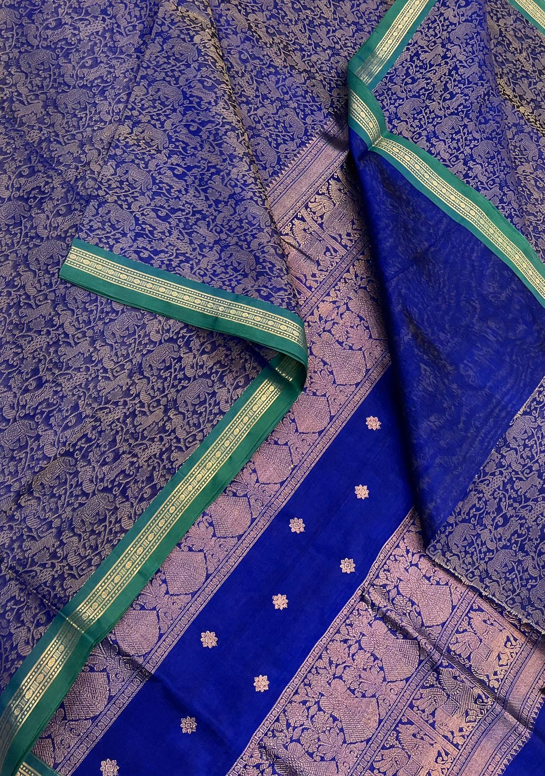 Kanchi Silk Cotton Sarees | tiny zari border x vanasingaram | royal blue X green