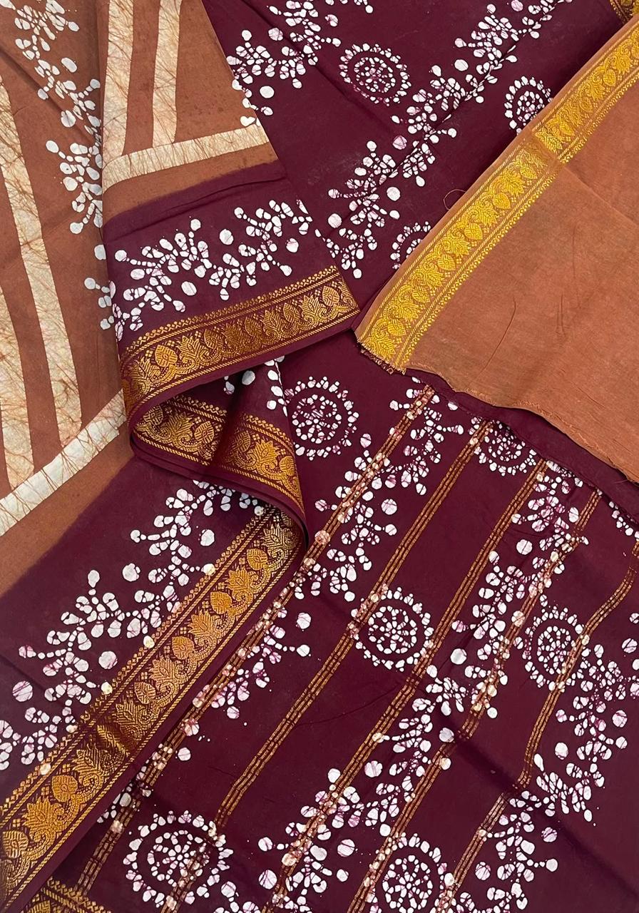 Madurai Sungudi soft cotton | rust x brown | rettaipet Zari border