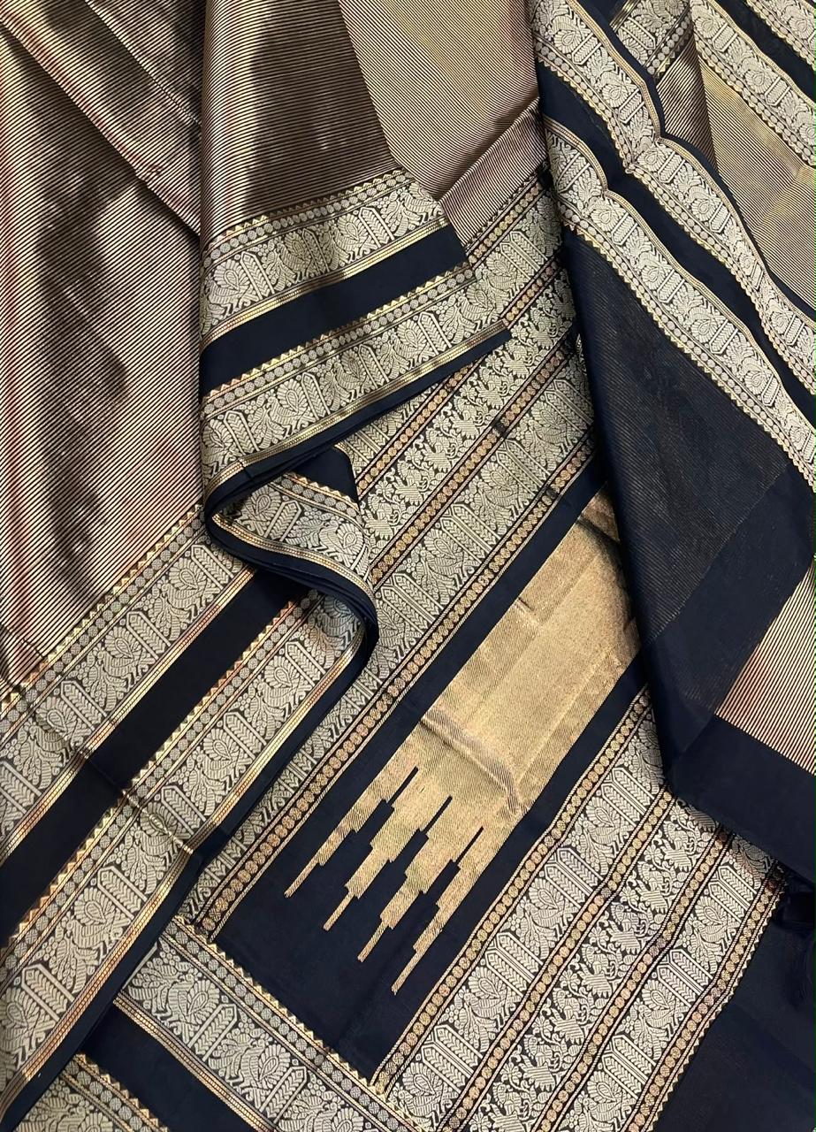 Kanchi tissue Silk Cotton Sarees | rettaipet zari thread woven border x tissue body | black X gold