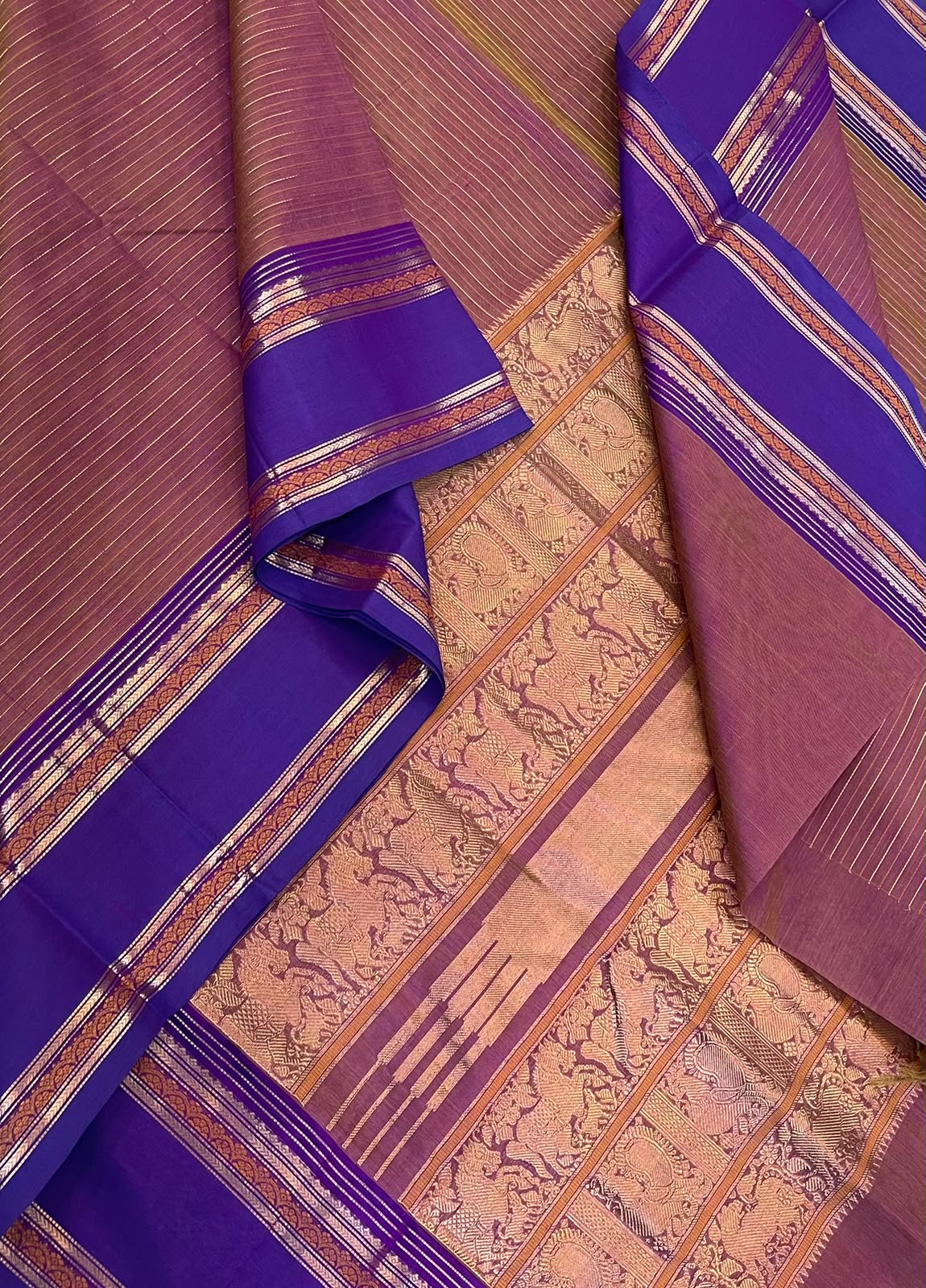 Kanchi Silk Cotton Sarees | luxury silk cotton |oosi vanam x rettaipet border | two tone peach x violet