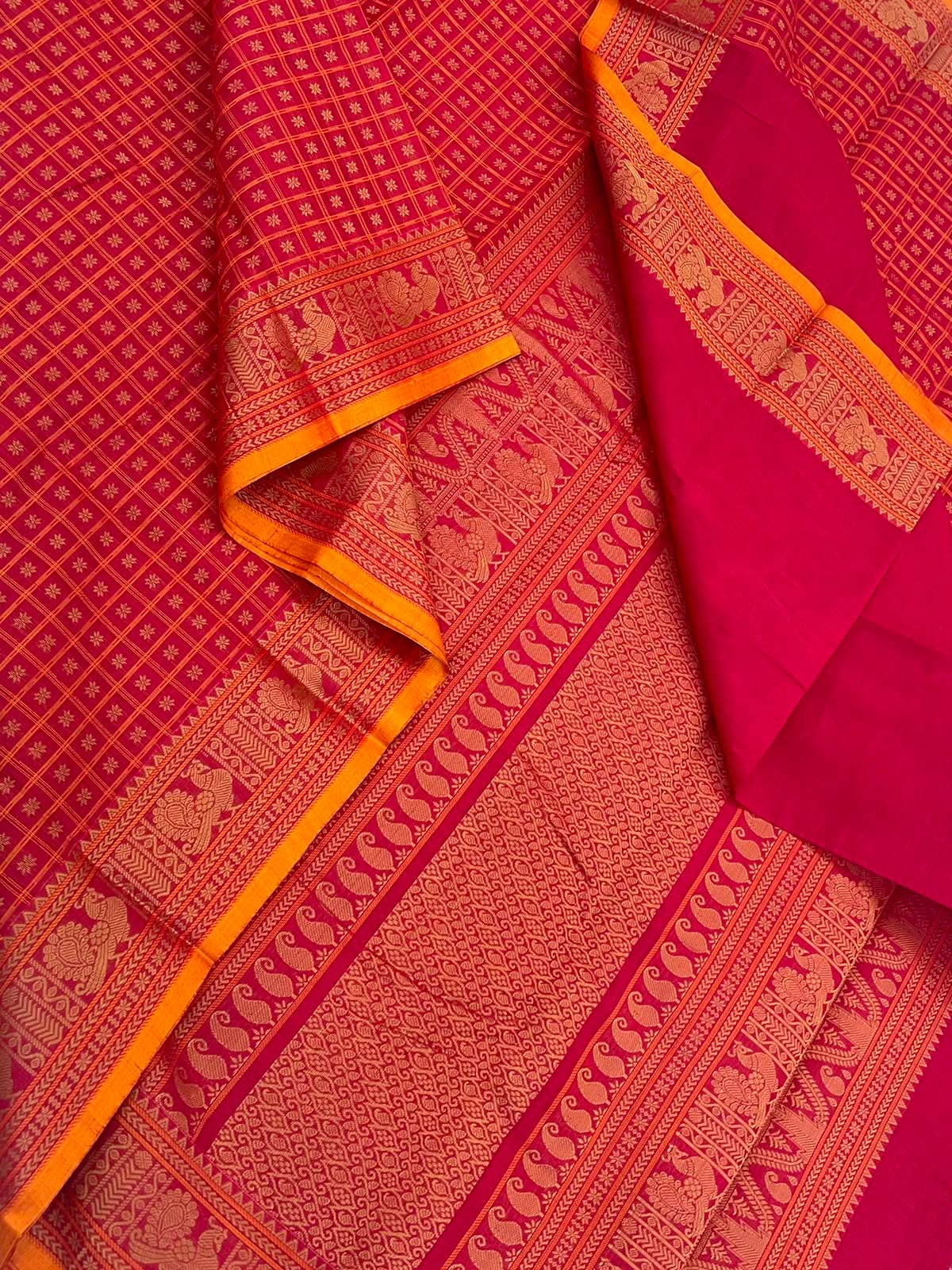 Pure Handloom Kanchi rich Cotton Saree | red x manjal | 1000 star butta x thread border