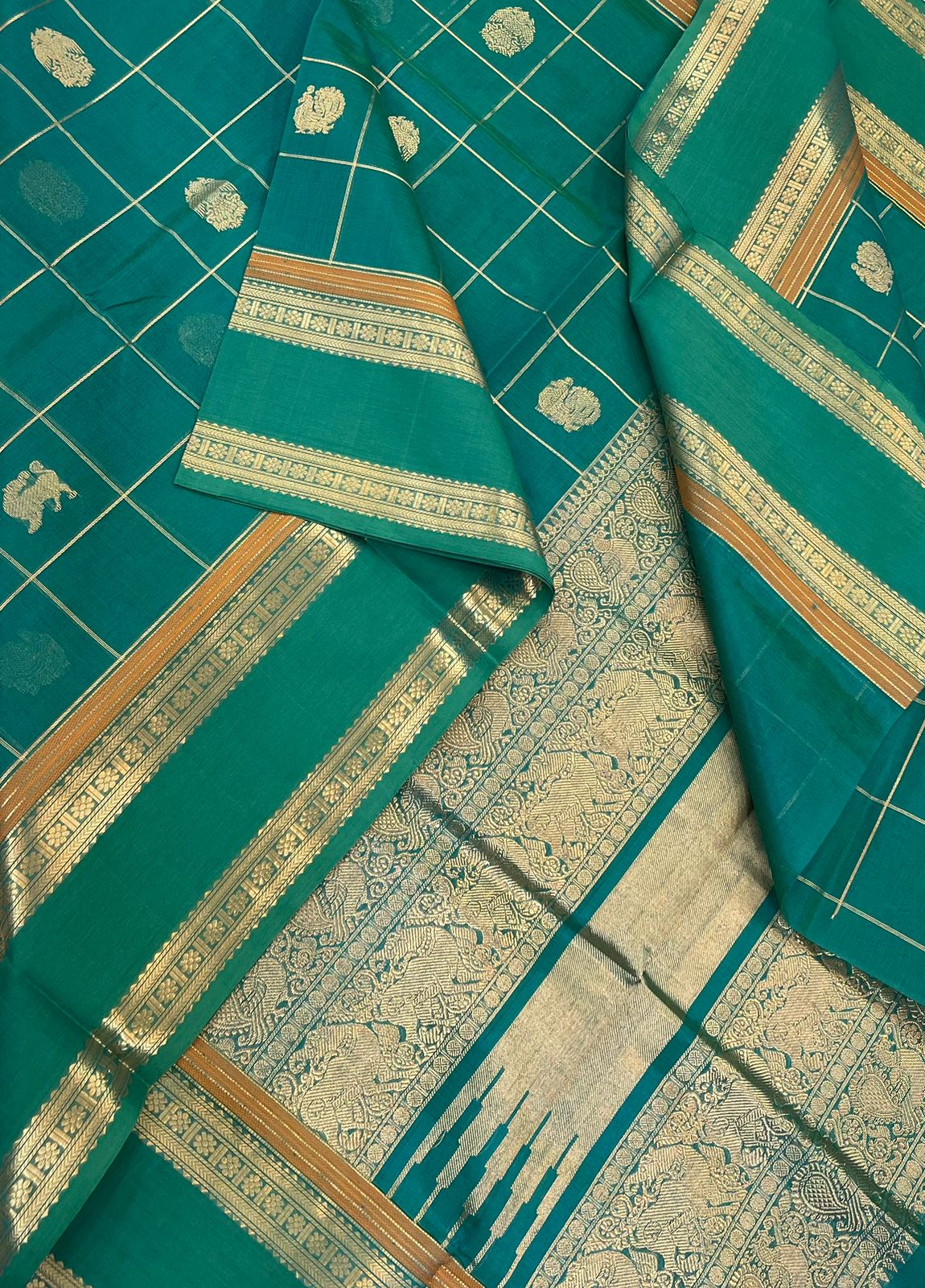 Kanchi Silk Cotton Sarees | zari kattam x rettaipet border x 3 motif | cyan green X gold