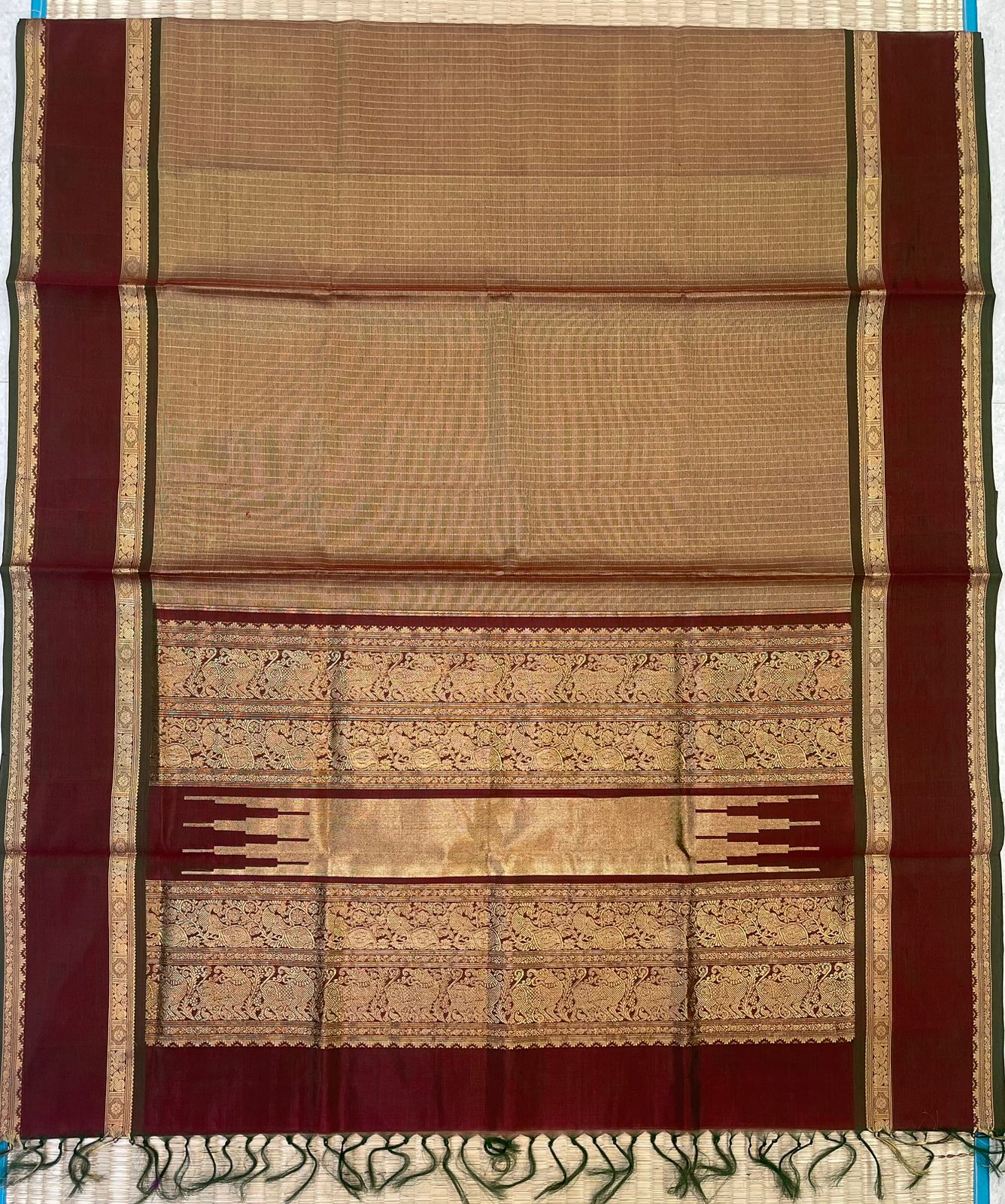 Kanchi tissue Silk Cotton Sarees | rettaipet zari woven border x tissue body | gold X maanthulir marron