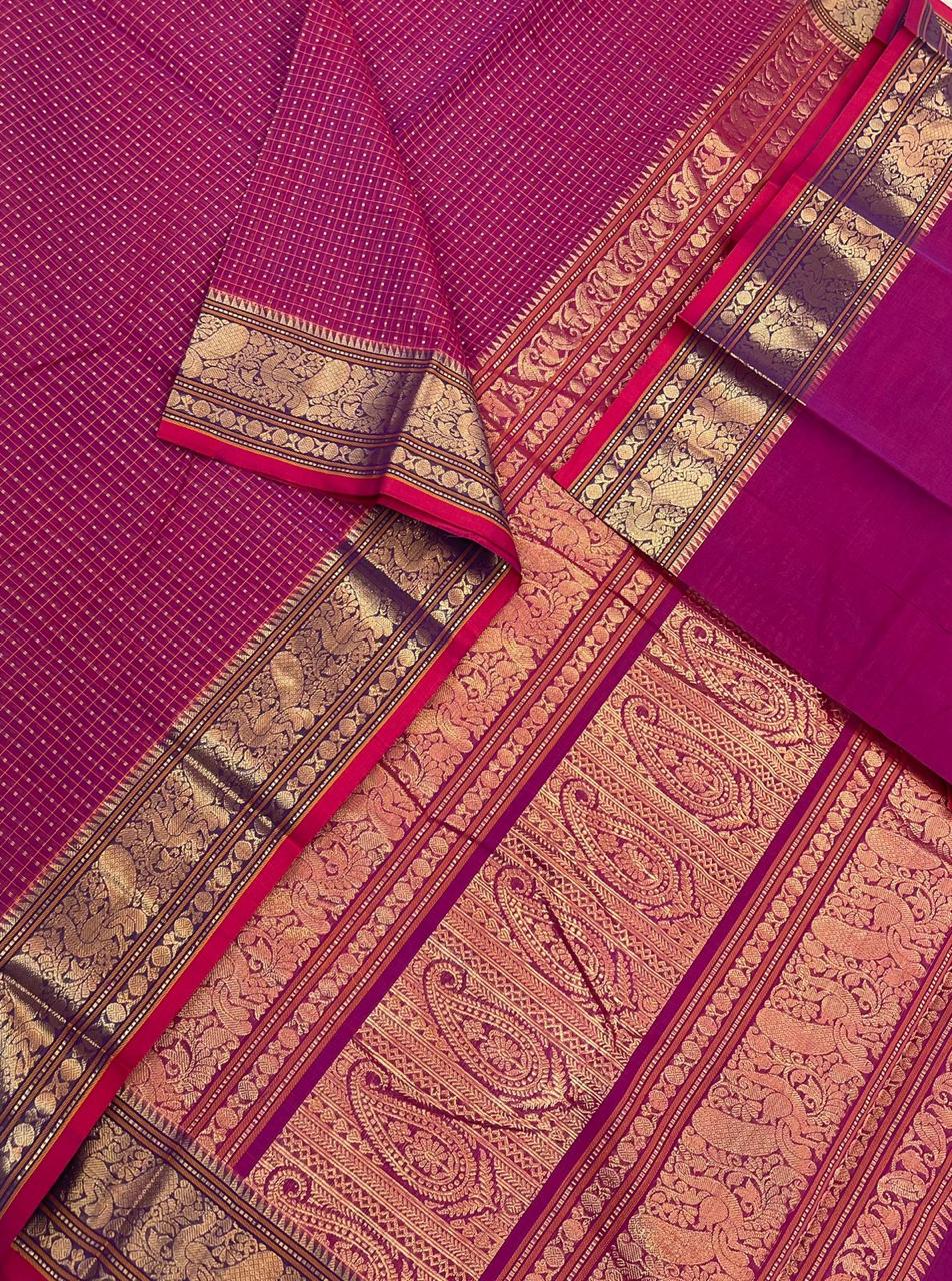 Pure Handloom Kanchi rich Cotton Saree | rich zari border x 1000 butta | rani pink x gold