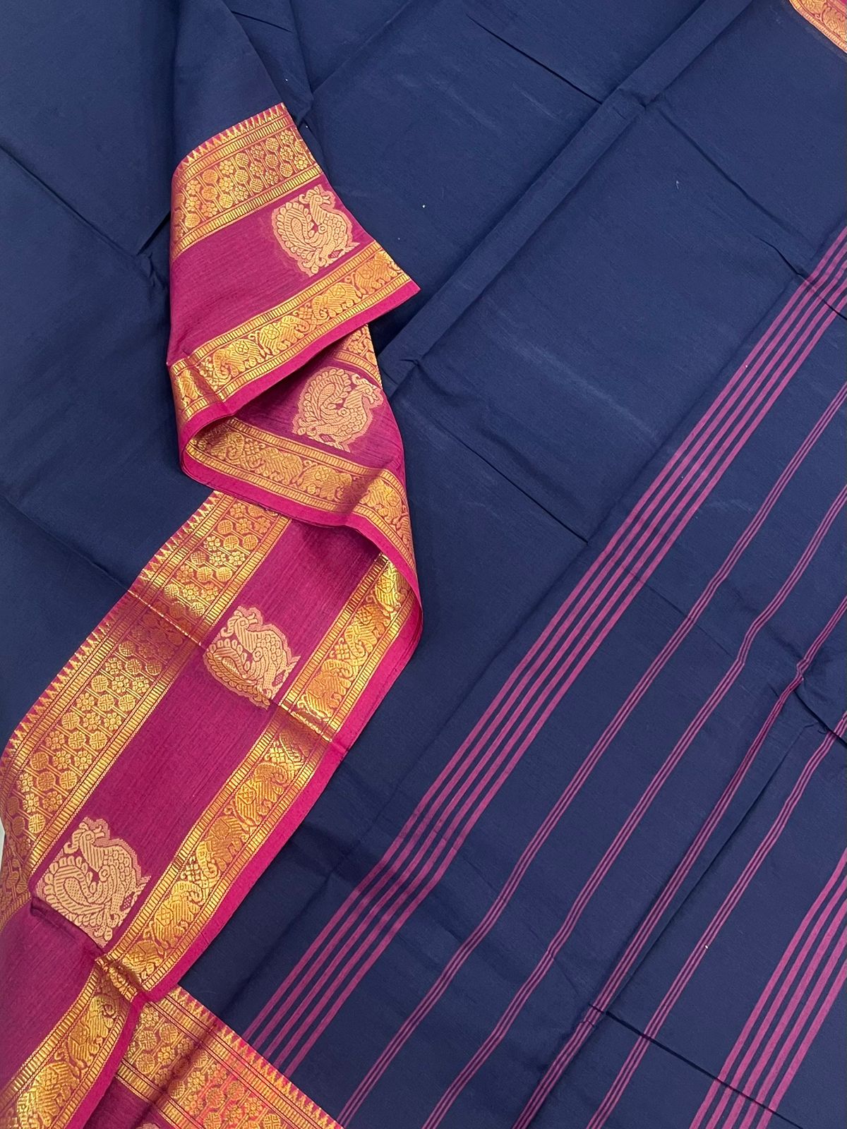 Kanchi soft cotton |mayil butta x Zari rettaipet border | blue x pink