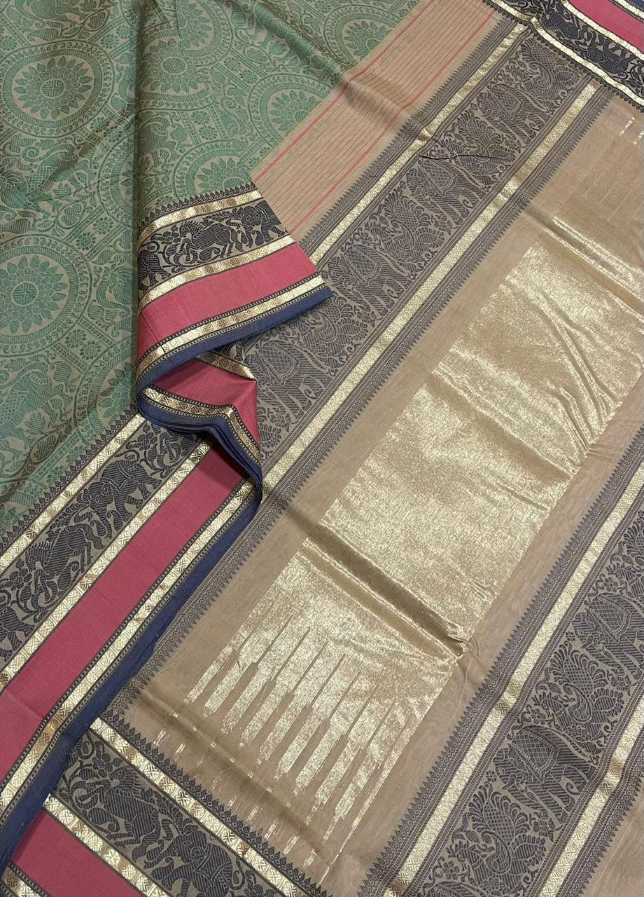 Pure Handloom Kanchi rich Cotton Saree | rich thread border x rich pallu | beige x green x red