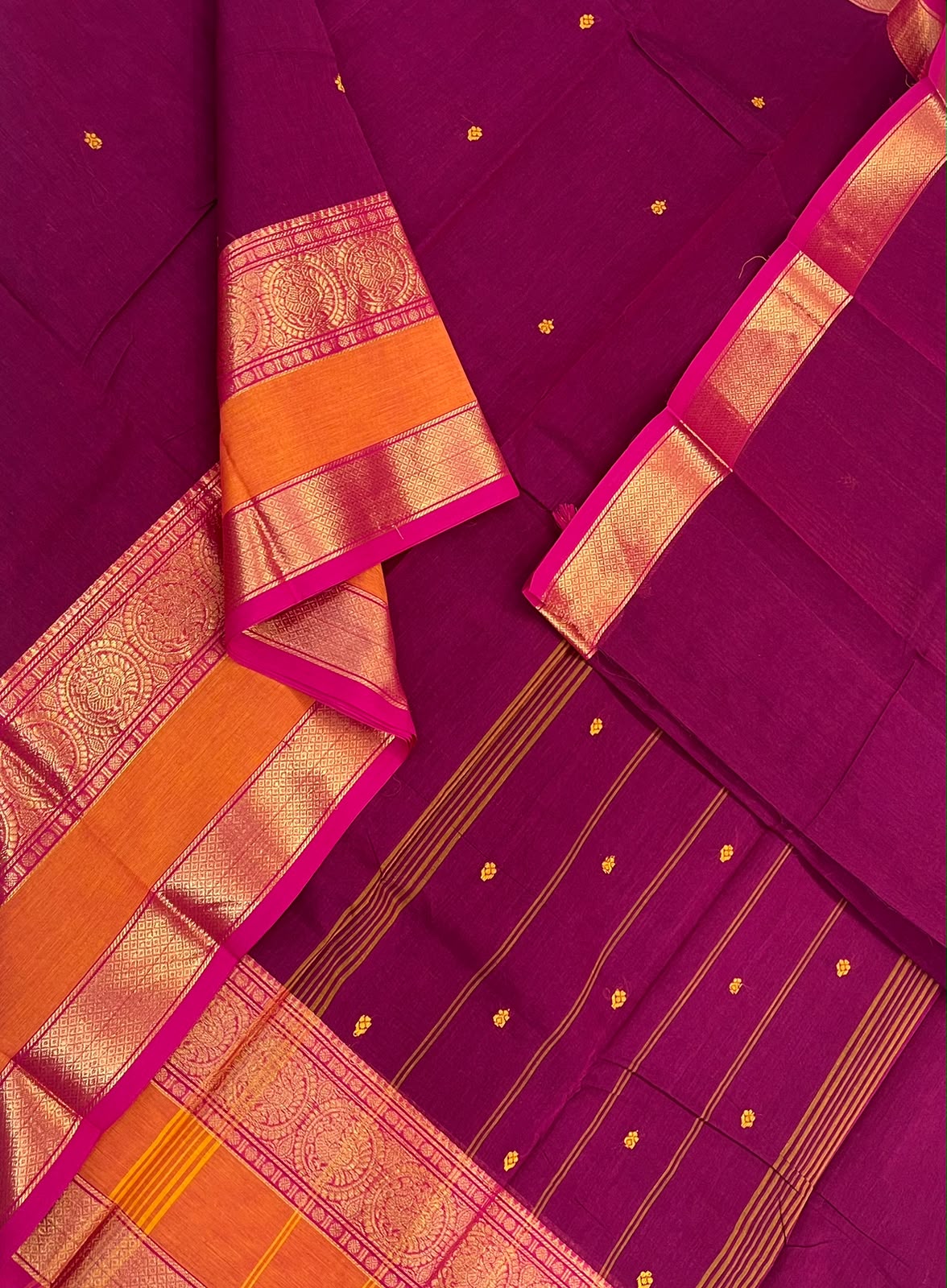 Kanchi soft cotton | burgundy x orange | Zari rettaipet border