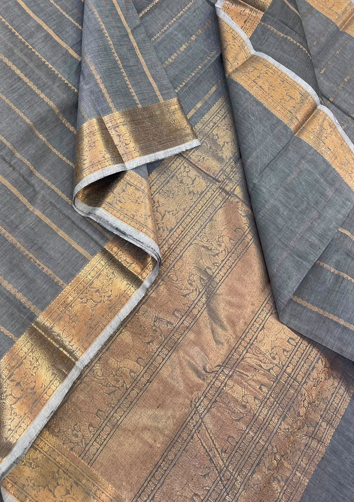 Pure Handloom Kanchi rich Cotton Saree | grey x gold | zari handwoven vertical varisaipet x thick zari border