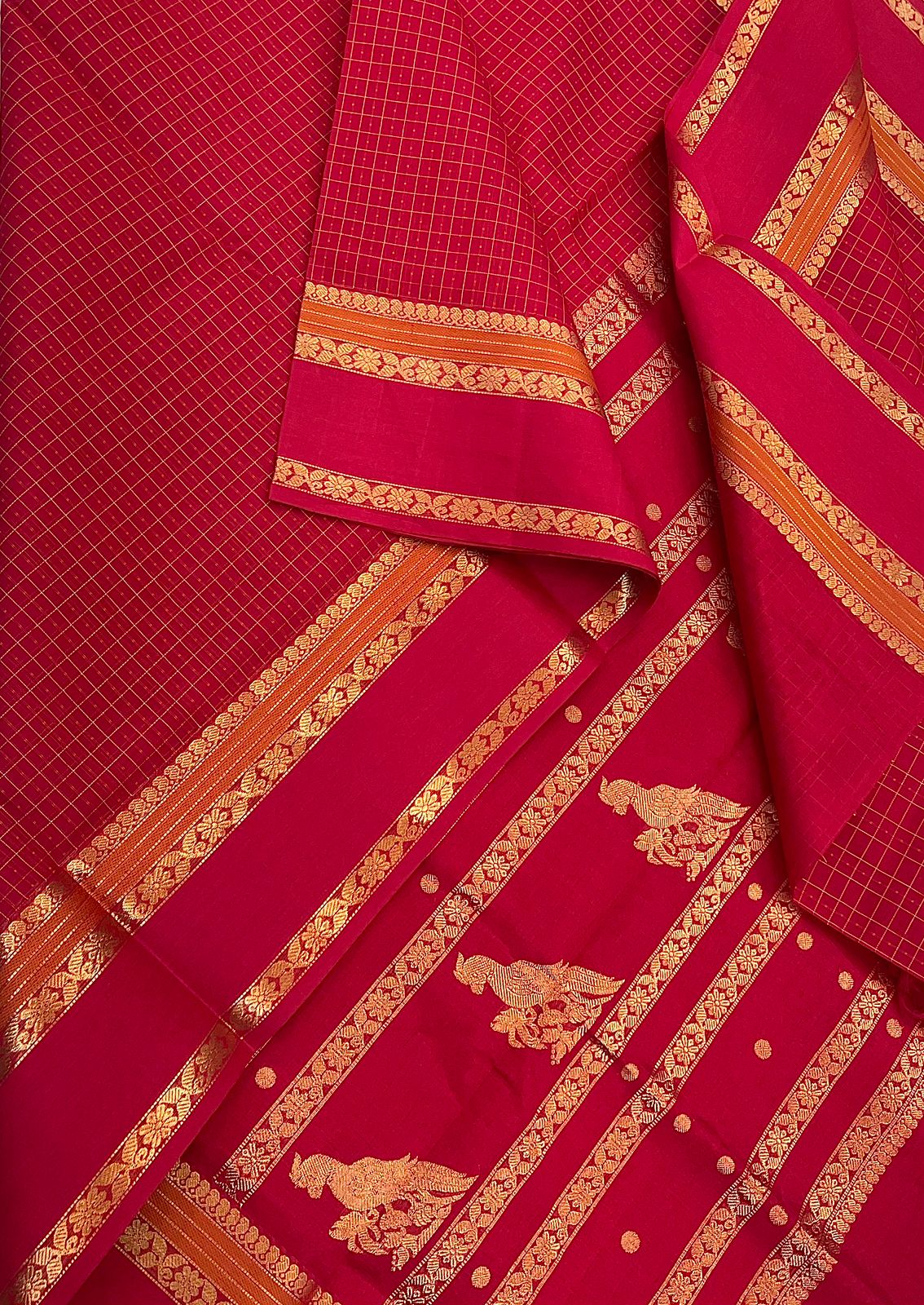 Kanchi Silk Cotton Sarees | 1000 butta X killi pallu | red x gold
