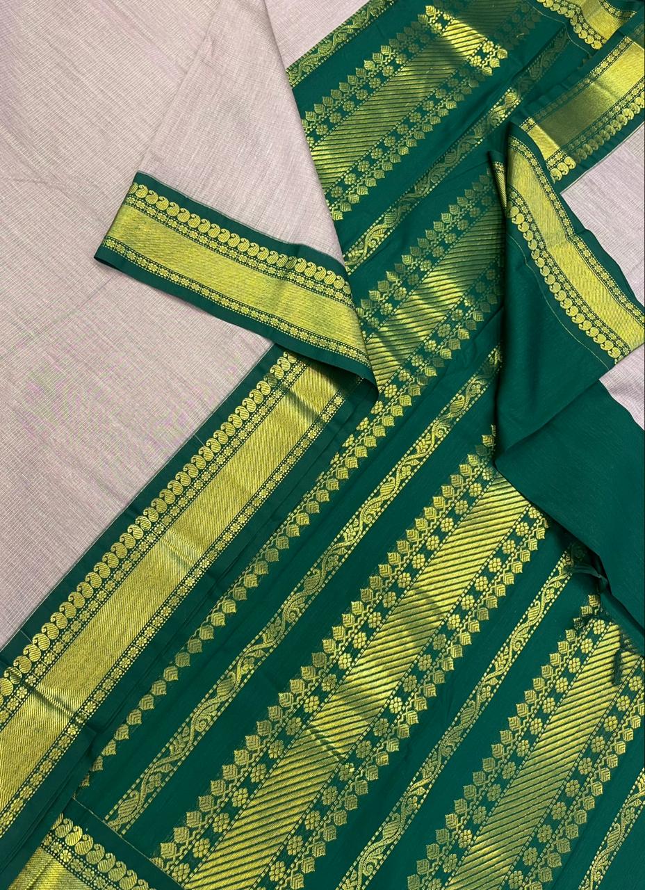 Semi Silk soft Cotton Sarees | vairaoosi X zari border | pastel grey X bottle green | NKV11