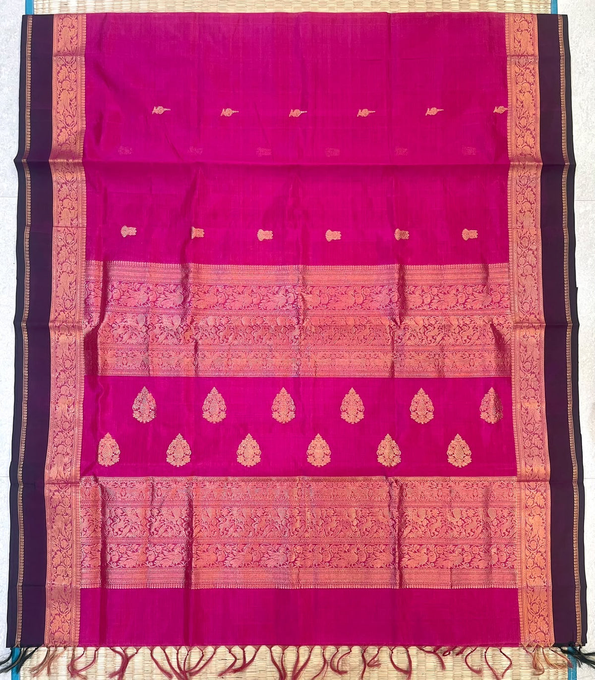 Kanchi Silk Cotton Sarees | zari tiny lotus buds motif X rich zari pallu X zari border | rani pink x violet