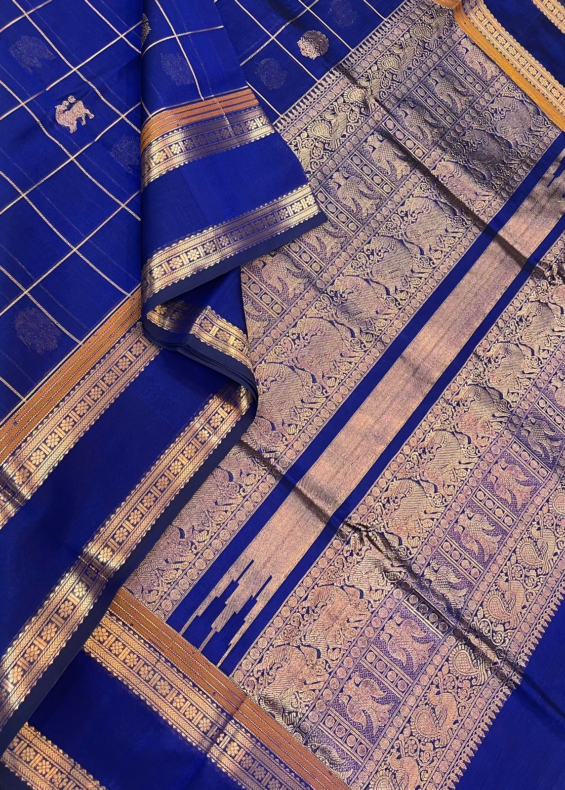 Kanchi Silk Cotton Sarees | kattam X yhazli x eruthalapakshi |royal blue X gold