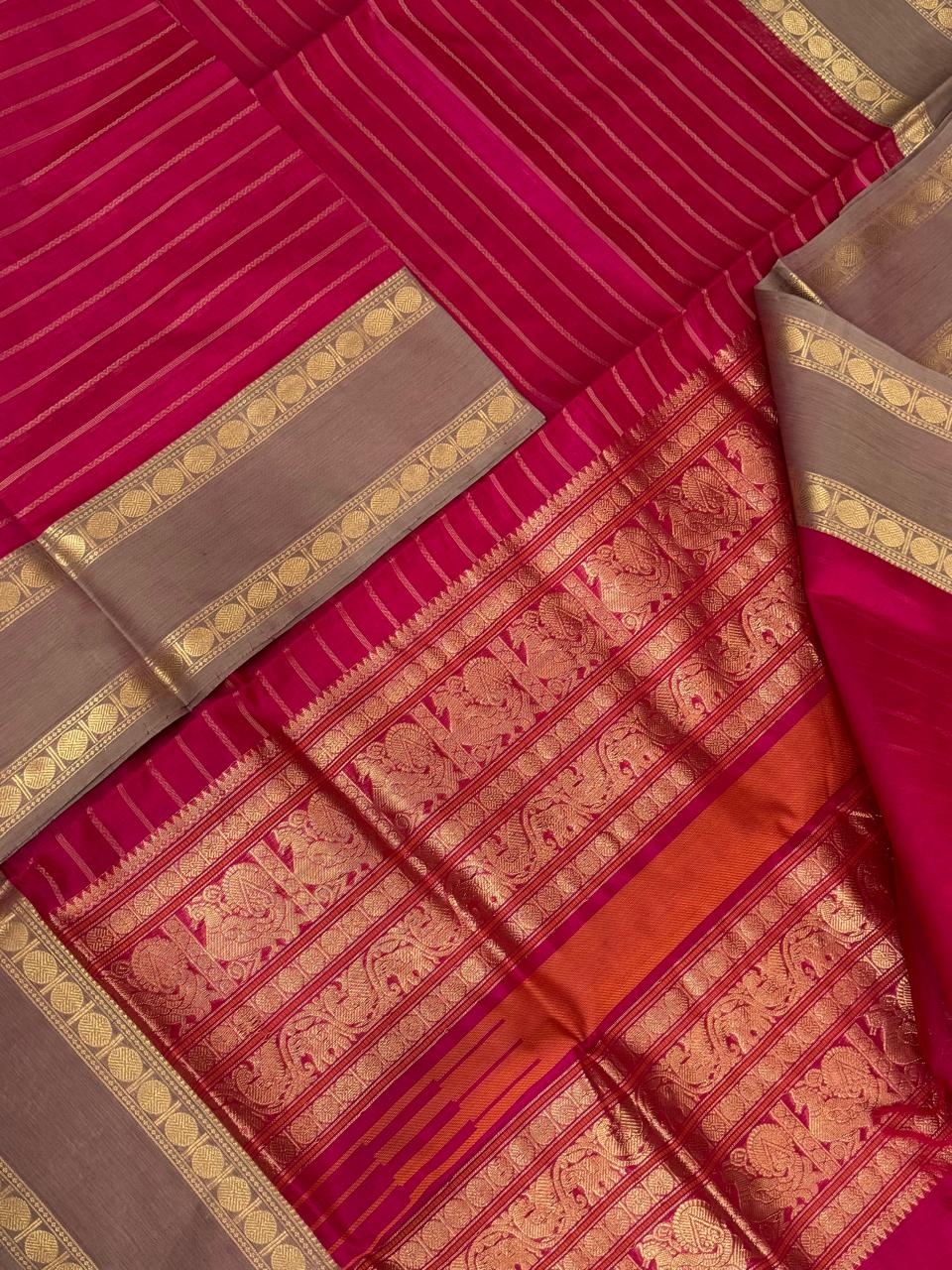 Kanchi Silk Cotton Sarees | rich zari border x veldhari | pink x pastel grey tone
