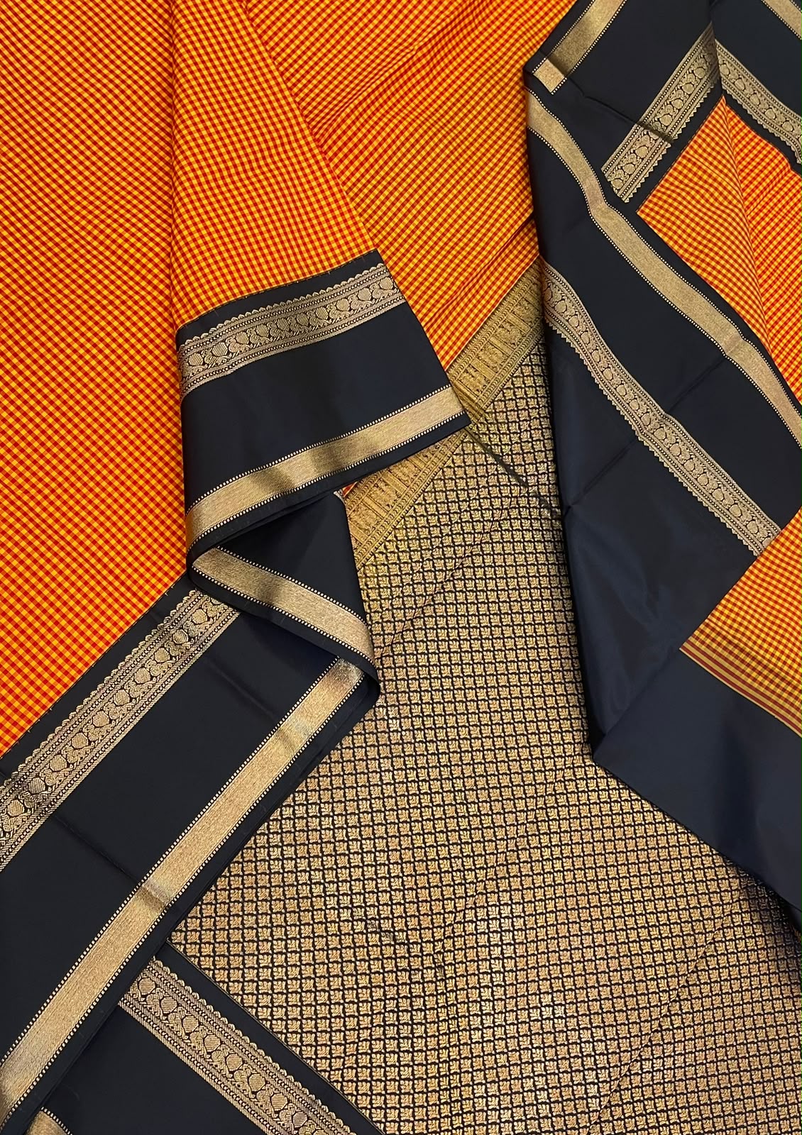 Vegan Silk Sarees Online | yellow x orange X black | kasa kasa kattam x rettaipet border