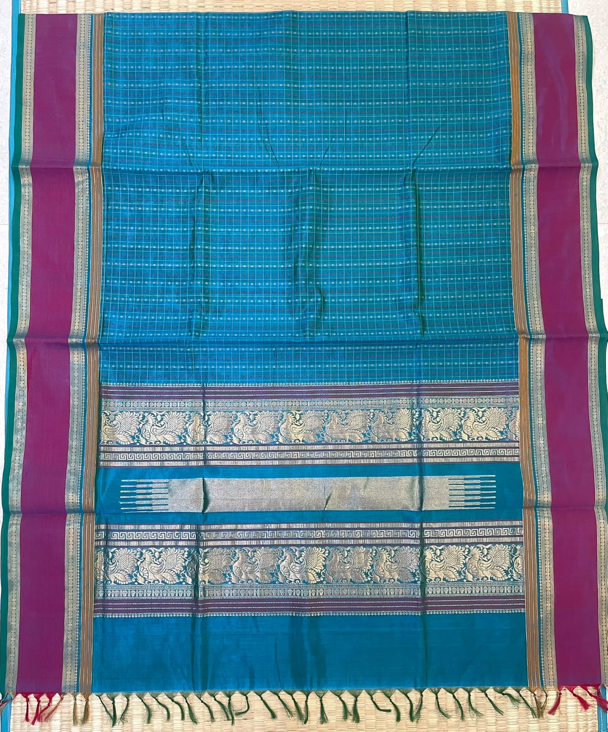 Kanchi Silk Cotton Sarees | 1000 kolam butta X rich zari pallu X zari rettaipet border | sky blue X pink