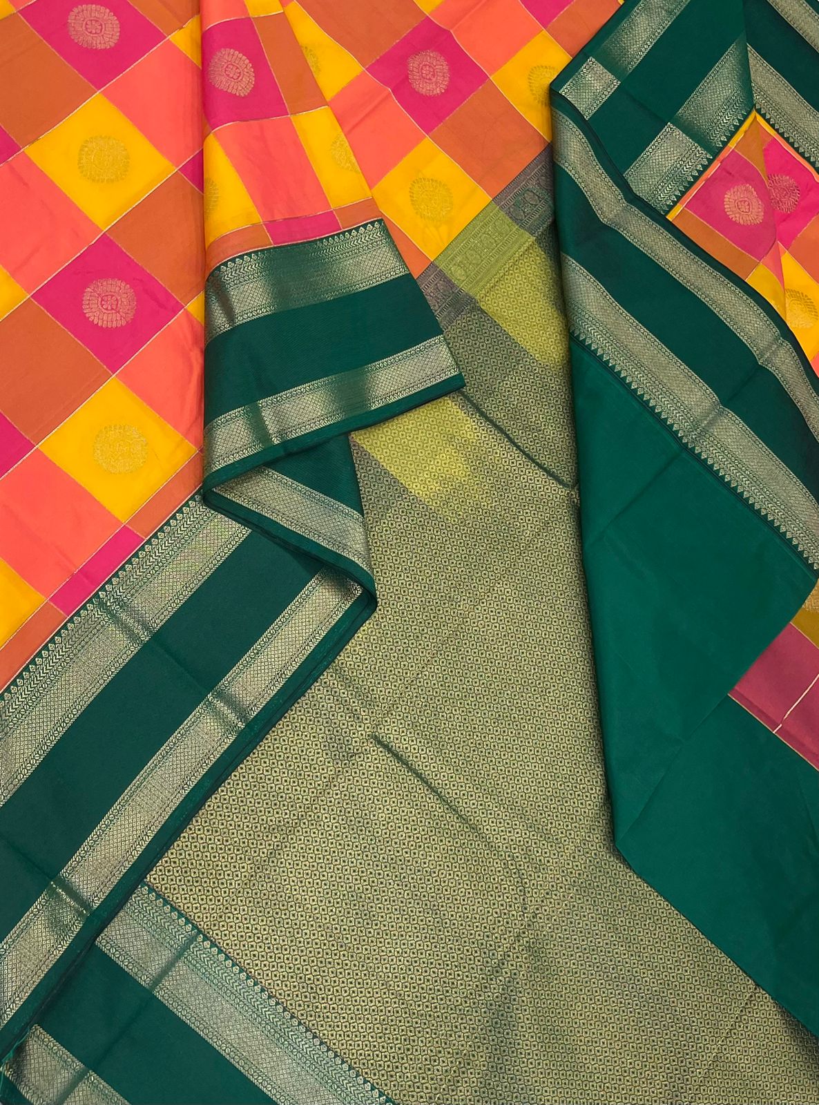 Vegan Silk Sarees Online | kattam X gold | yellow x pink x green