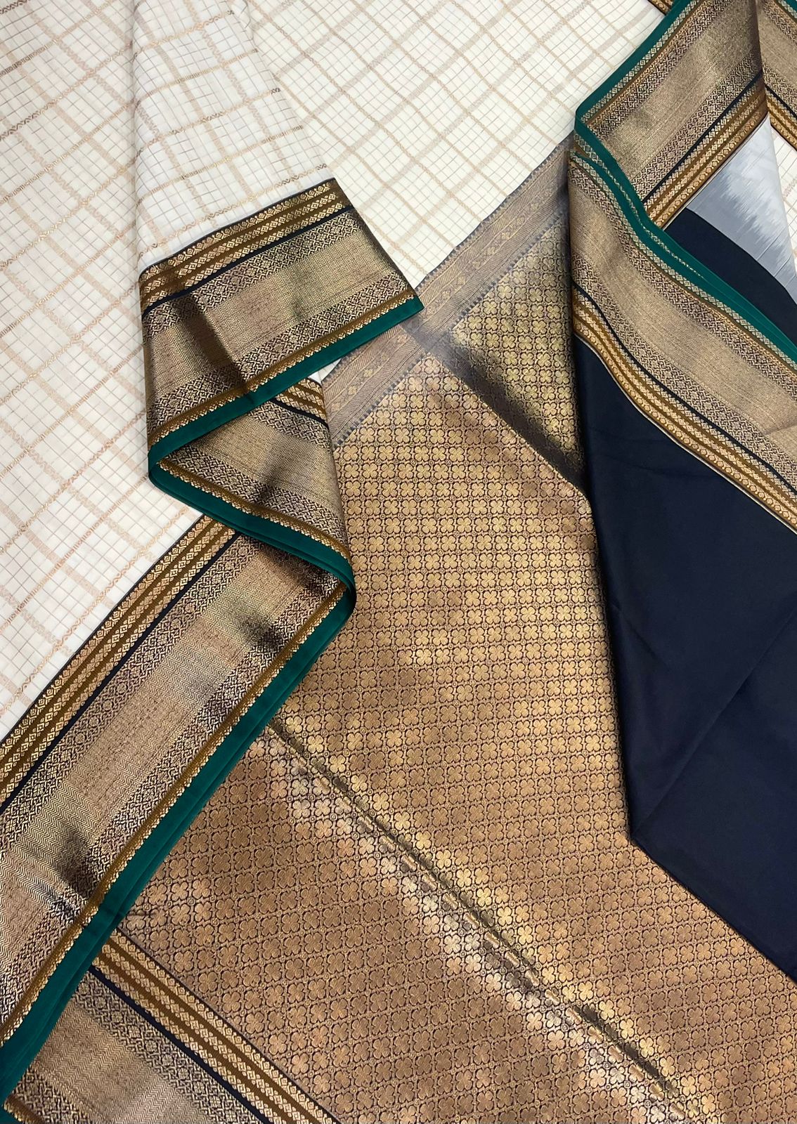 Vegan Silk Sarees Online | cream green x black | zari kattam X rich border