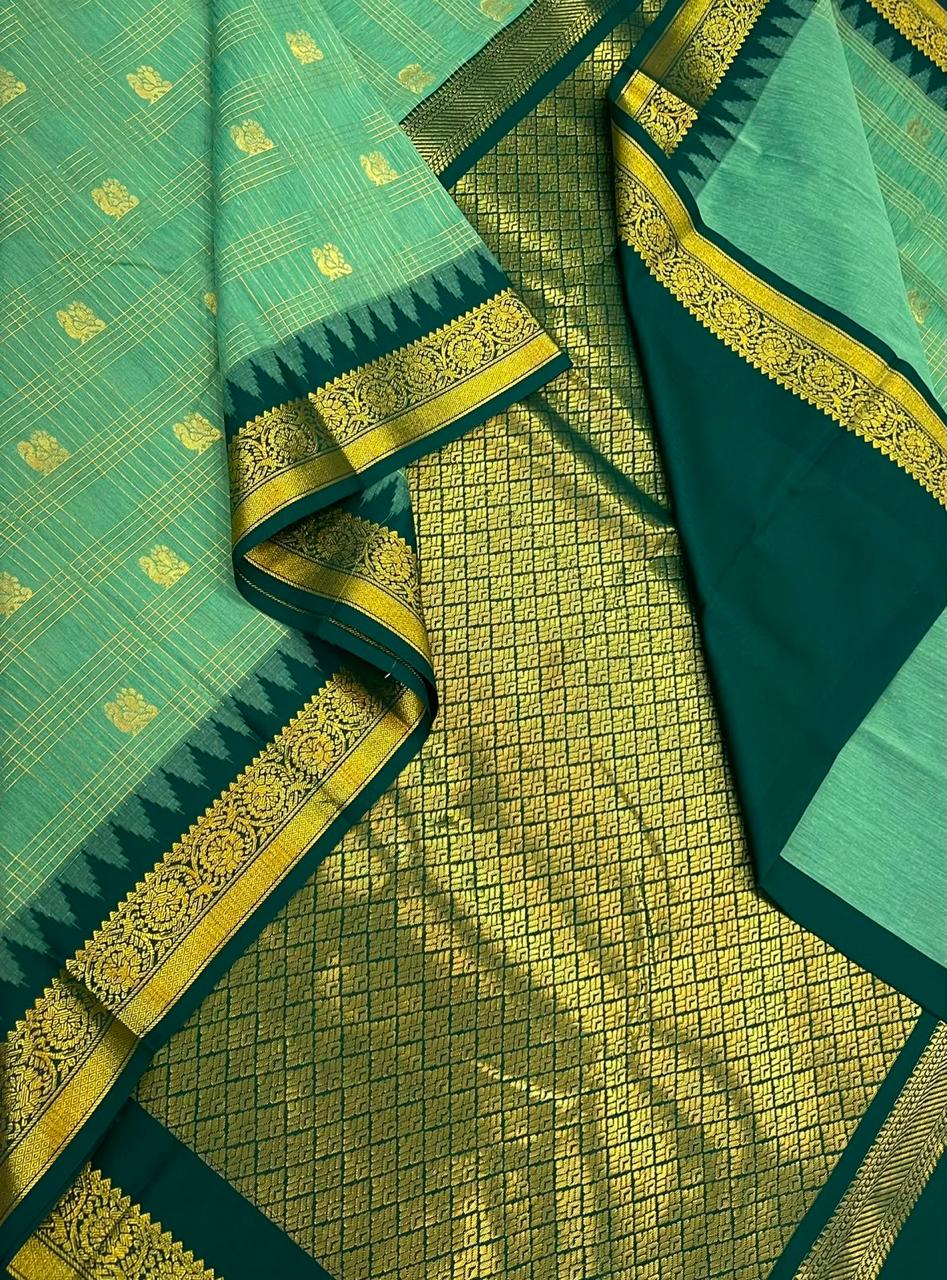 Semi Silk soft Cotton Sarees | korvai temple border X 2x2 kattam | leaf green x dark green NKV11