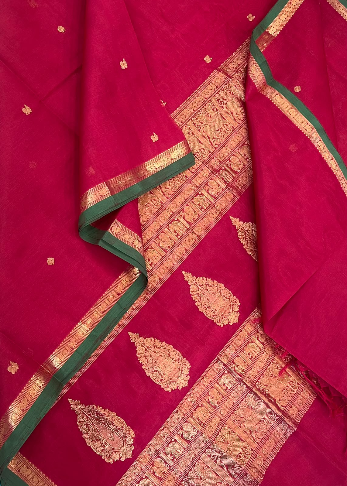Kanchi Silk Cotton Sarees | luxury silk cotton | tiny border | cherry red x green