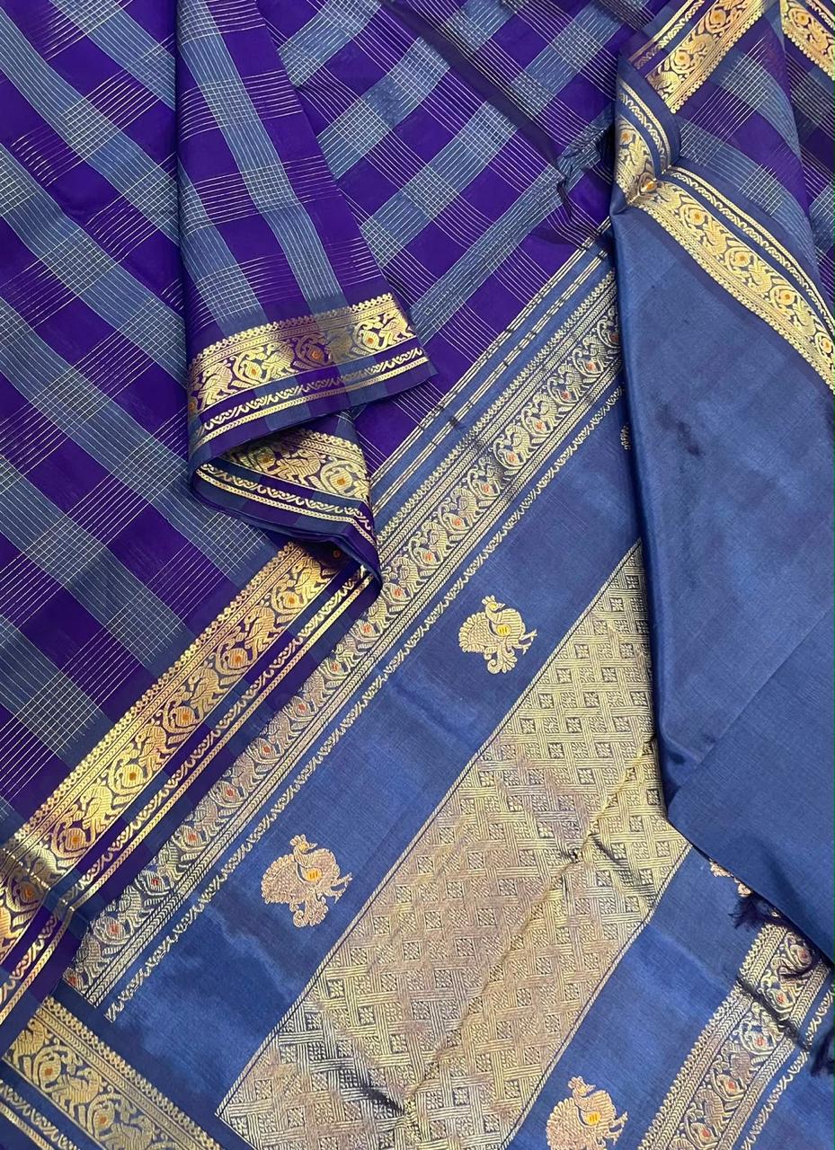 Kanchi Silk Cotton Sarees | luxury silk cotton | 2x 2 kattam x meena small border | blue X gold