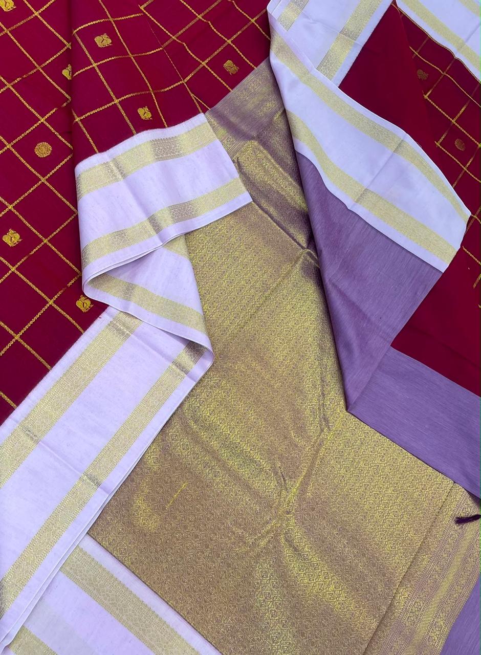 Semi Silk soft Cotton Sarees | korvai Rettaipet border X mayil chakram kattam |red x lavender 🪻 NKV11
