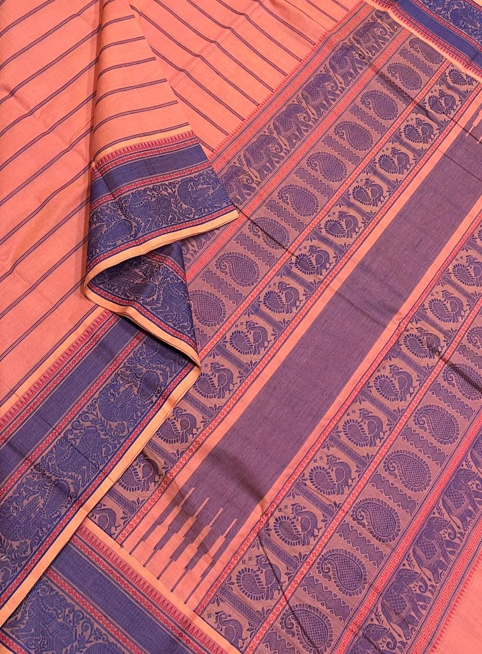 Pure Handloom Kanchi rich Cotton Saree | rich thread border x veldhari | peach x blue