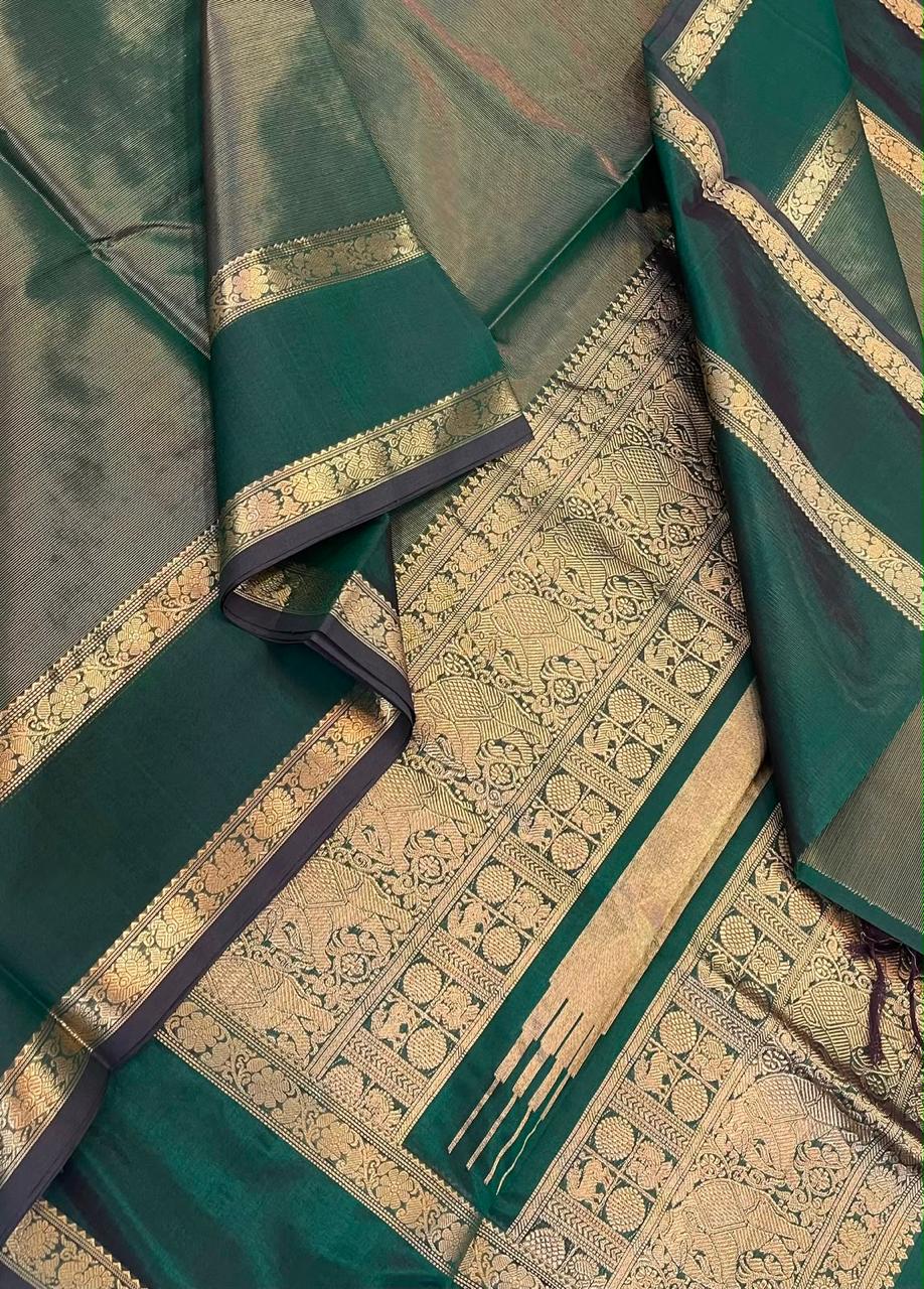 Kanchi Silk Cotton Sarees | luxury tissue silk cotton | intricate VAIRAOOSI X rettaipet | bottle green x gold