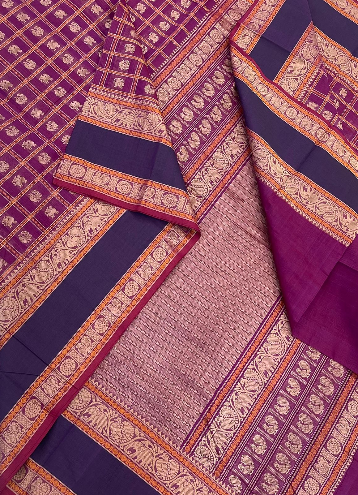 Pure Handloom Kanchi rich Cotton Saree | vadamalli X violet | thread rettaipet border x 1000 butta