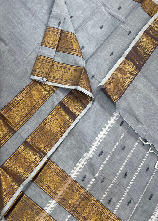 Pastel kanchi soft cotton | grey X zari rettaipet border