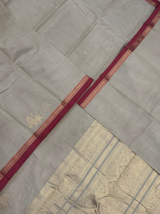 Pure Handloom Kanchi rich Cotton Saree | tiny Zari border X  yhazli X mayil butta| cream X brick | intricate Zari woven Pallu