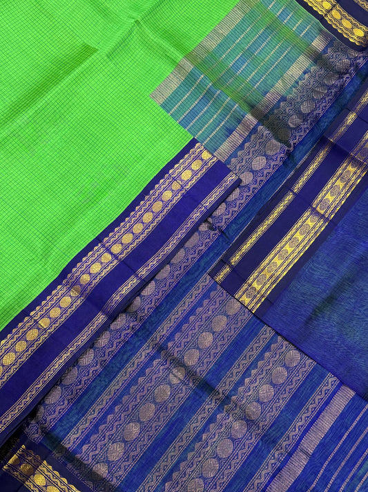 Korvai Kanchi Silk Cotton Sarees | royal green x blue | rettaipet border | NKV31