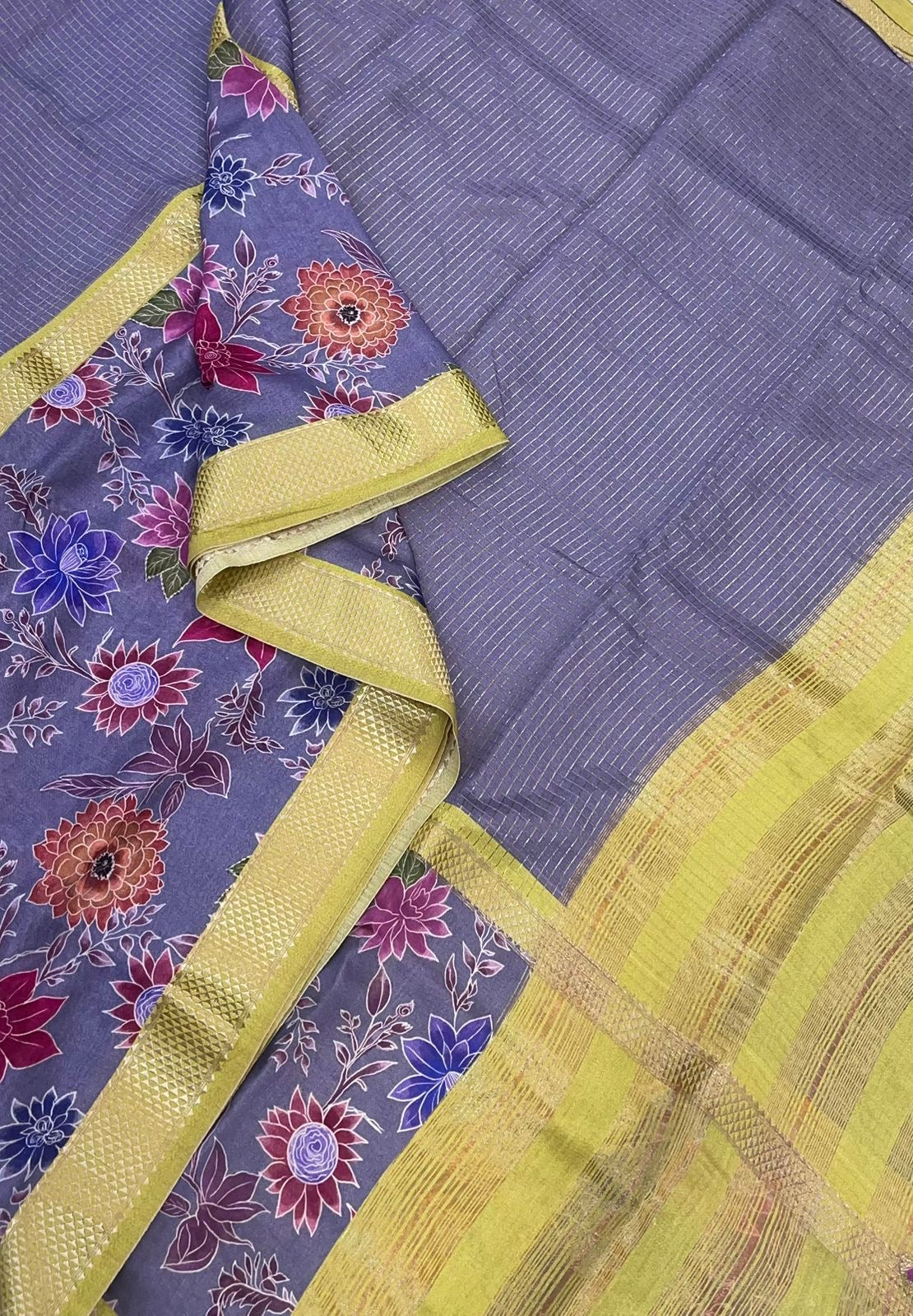 Premium Chanderi silk  | floral x zari border | violet floral X pastel green | NKV24