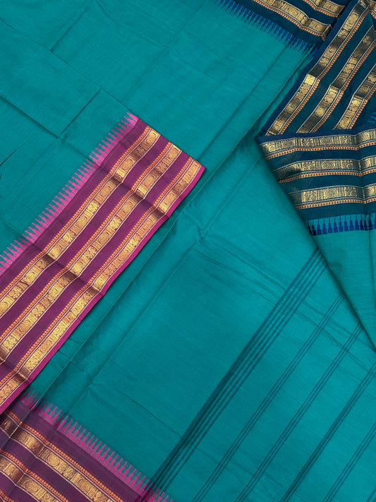 Kanchi soft cotton | cyan green X ganga Jamuna triple Zari border