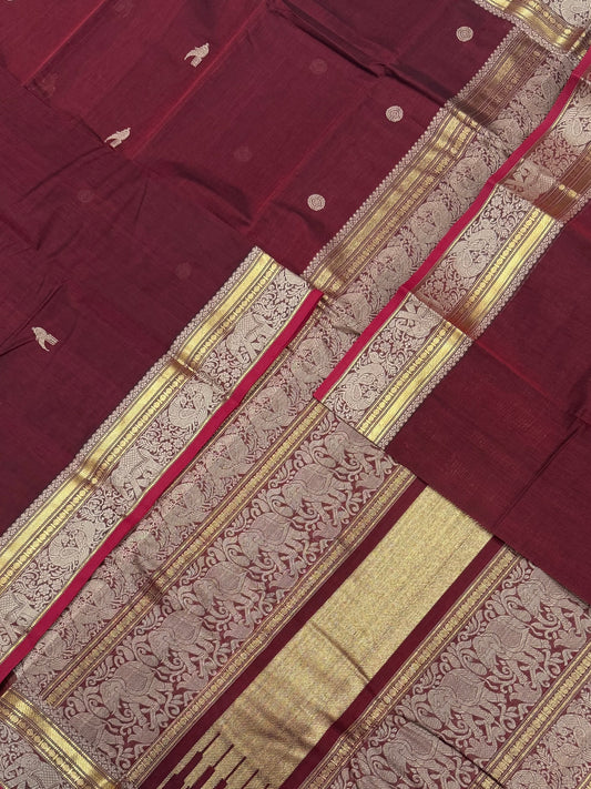 Pure Handloom Kanchi rich Cotton Saree | marron x zari | parrot X Kamala BUTTA thread weaving