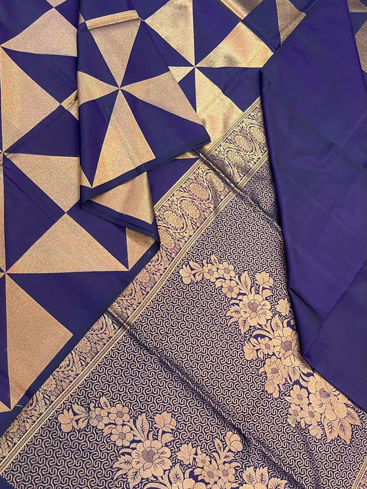 Vegan Silk Sarees Online | geometric pattern | navy blue X gold