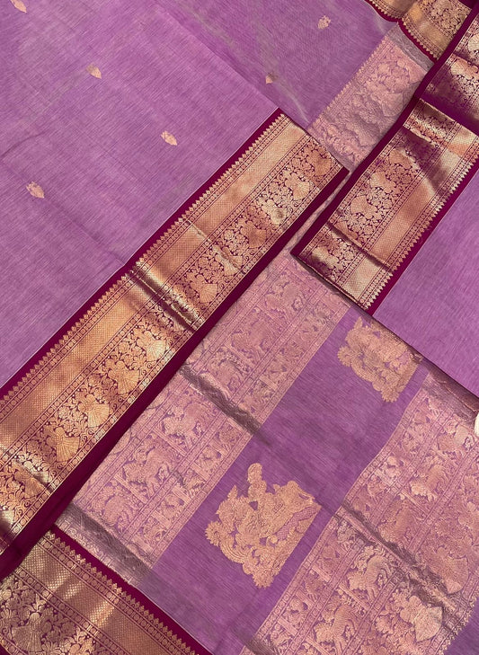 Kanchi Silk Cotton Sarees | VeeraShivaji motifs pallu x rich eruthalapakshi border| pastel pink X marron
