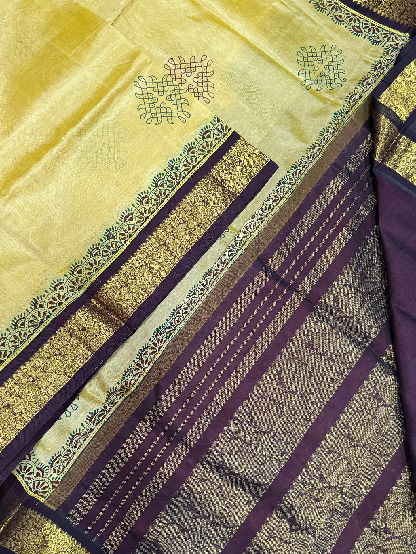 Kanchi Silk Cotton Sarees | block print | pastel X brown X korvai Zari border
