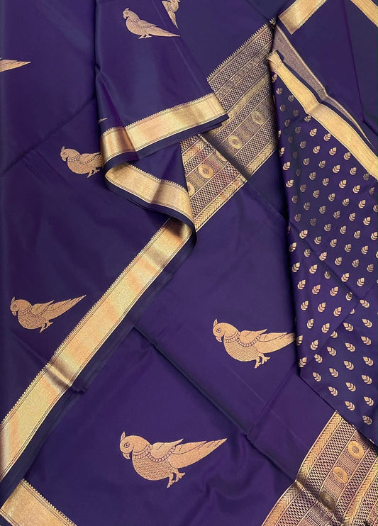 Vegan Silk Sarees Online | Violet X gold | killi motif