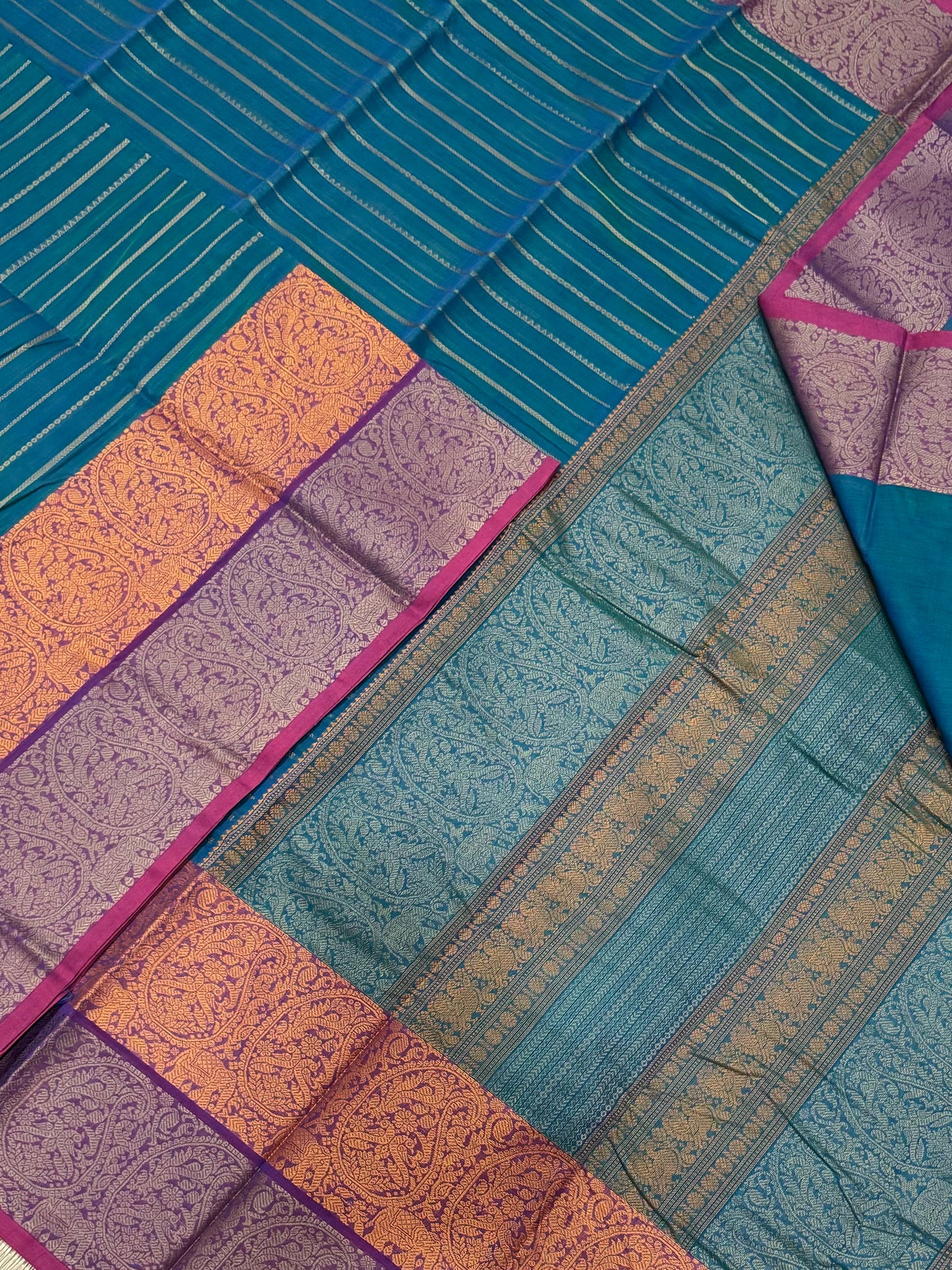 Pure Handloom Kanchi rich Cotton Saree | thread woven X  veldhari | peacock blue | intricate rich thread woven Pallu & borders