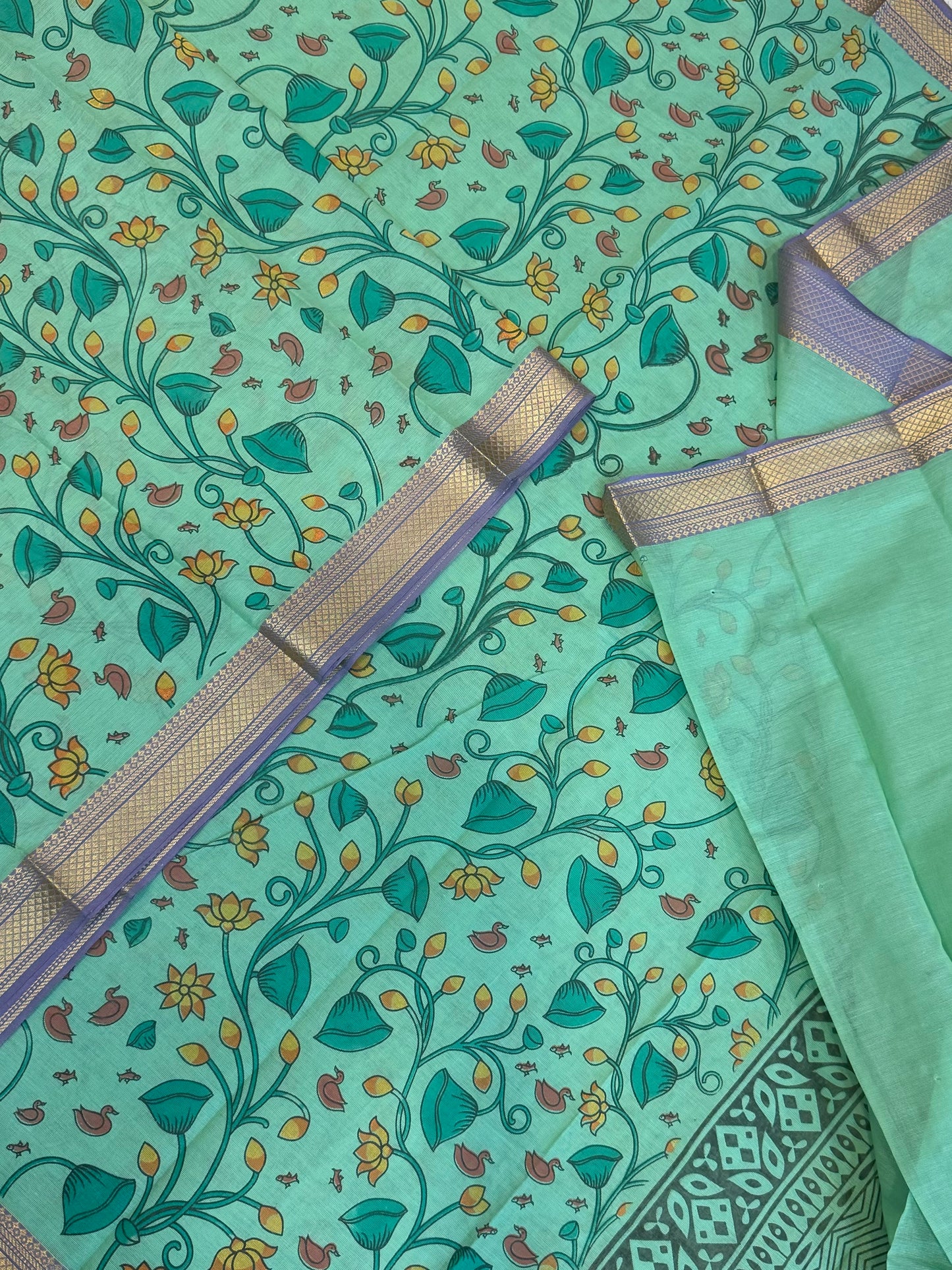 Kadhi soft Cotton | cyan green x lavender | nizam thread border X tulips prints