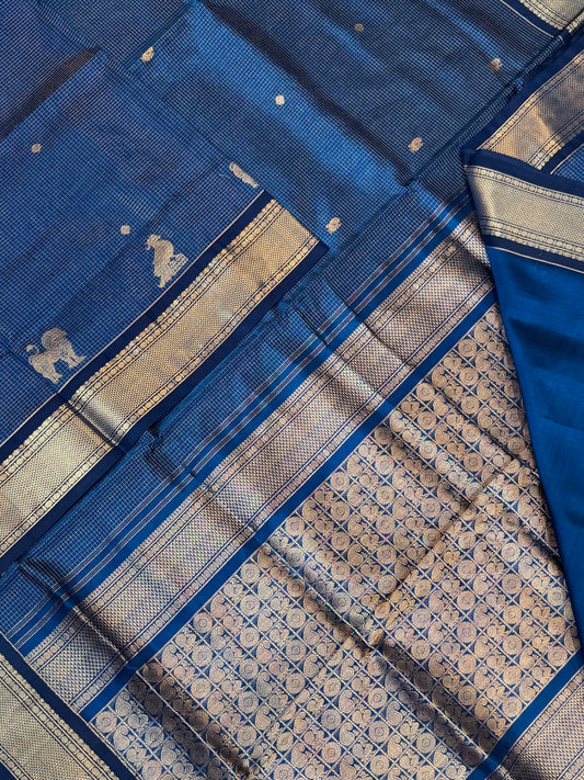 Kanchi Silk Cotton Sarees | luxury silk cotton | VAIRAOOSI muthukattam X mayil X shimma yhazli | blue x gold NKV37