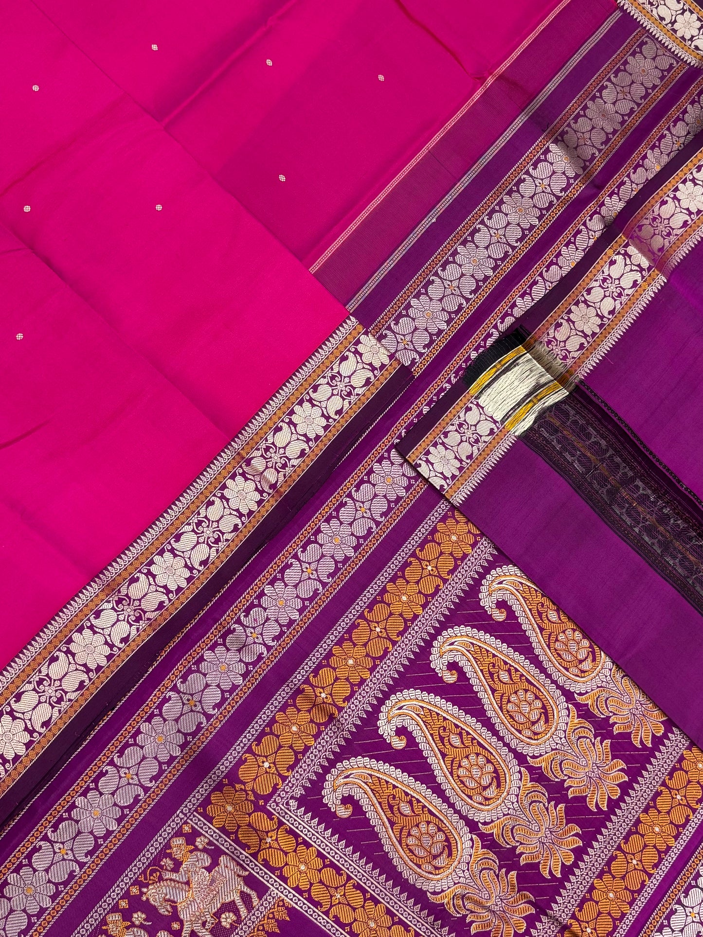 Pure Kanjivarams | zero zari | balucharry pallu |hot pink X violet  | Handwoven luxury x 4 ply master weave | NKV35